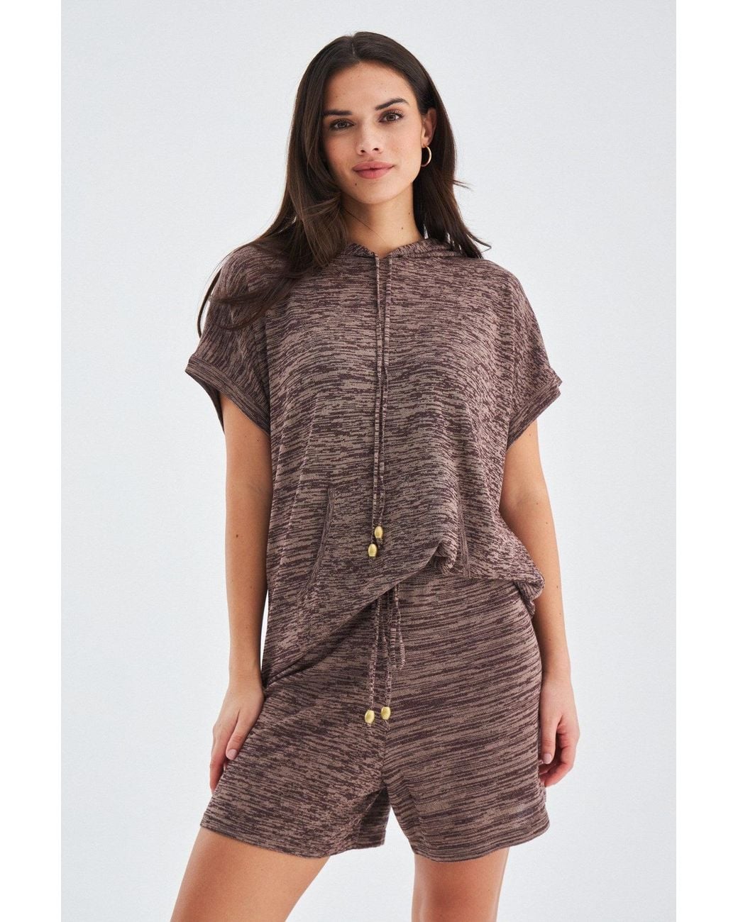 Peraluna Gray Kaira Knitted Hooded Blouse & Shorts Matching Set