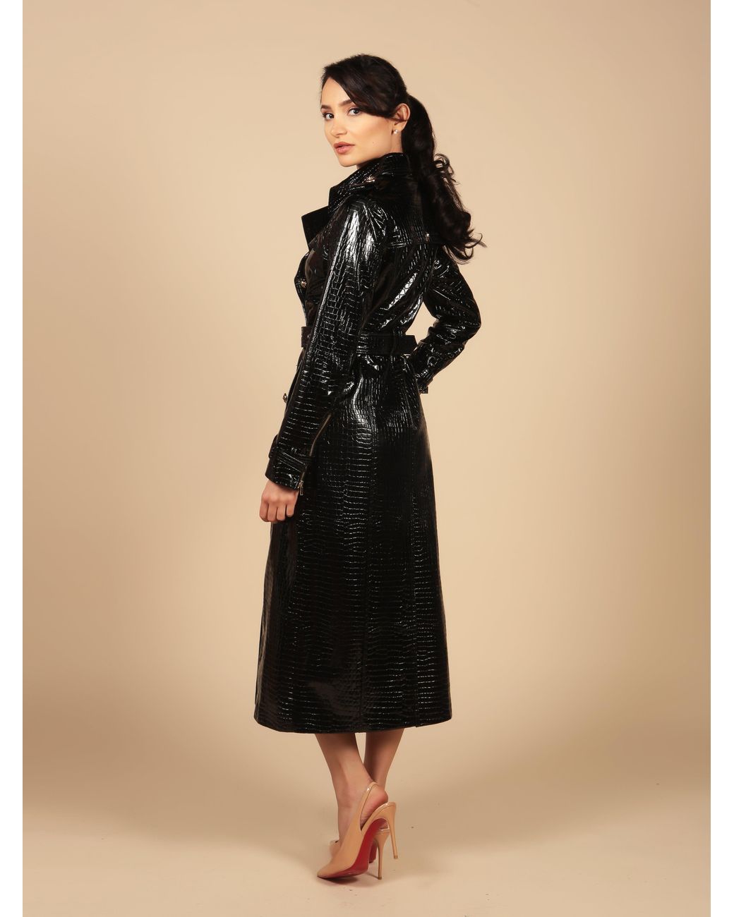 Santinni Black Indiscreet Embossed Leather Trench Coat