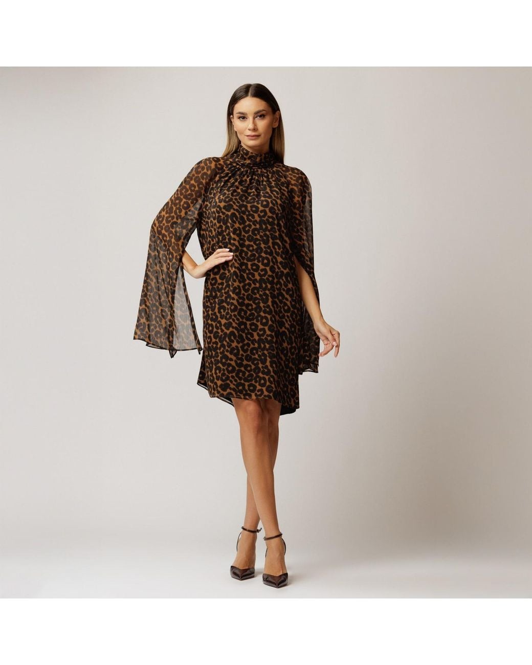 concept A trois Brown Leopard Midi Dress With Wide Sleeves