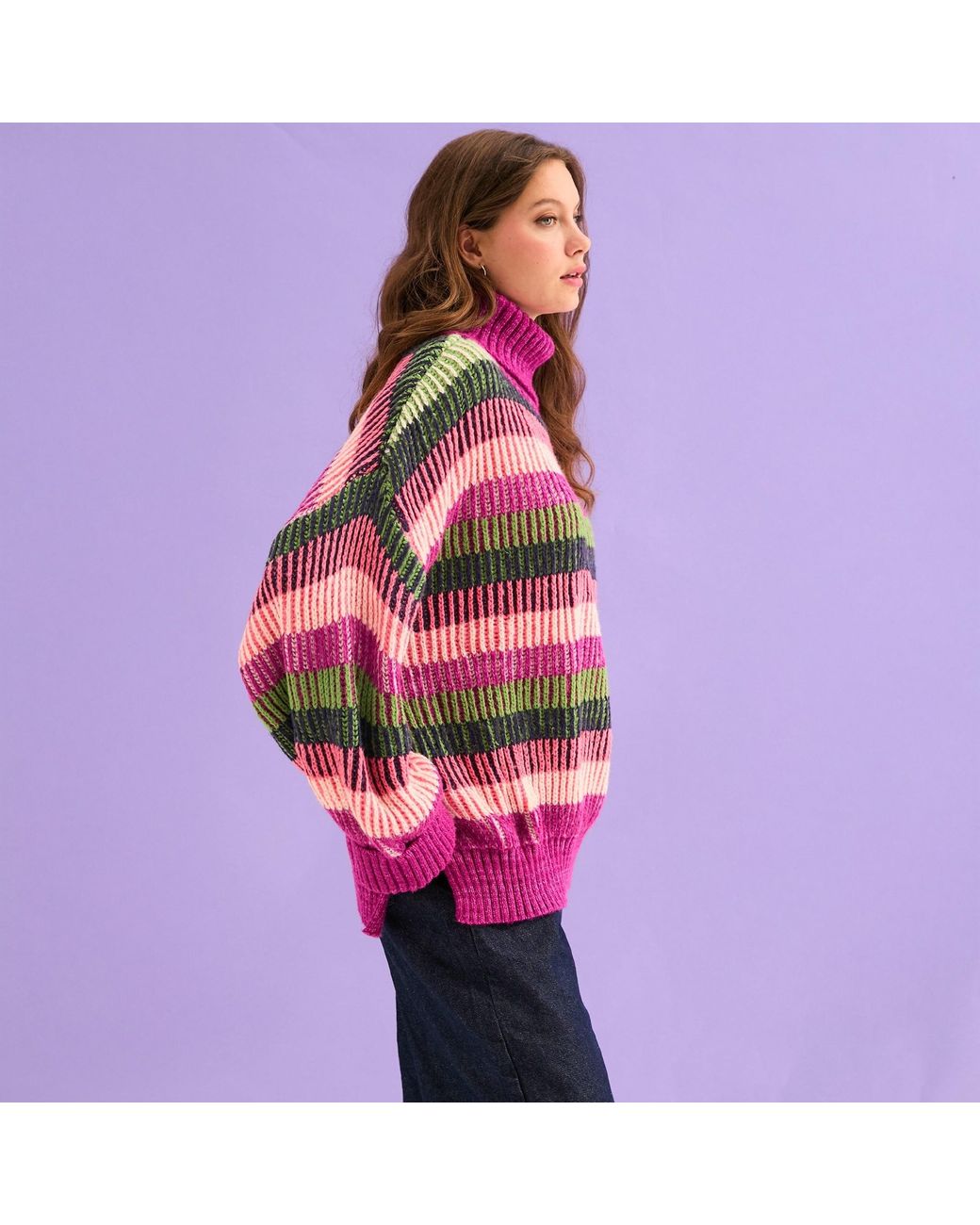Cara & The Sky Purple Tasha Oversized Balloon Sleeve Stripe Roll Neck Jumper