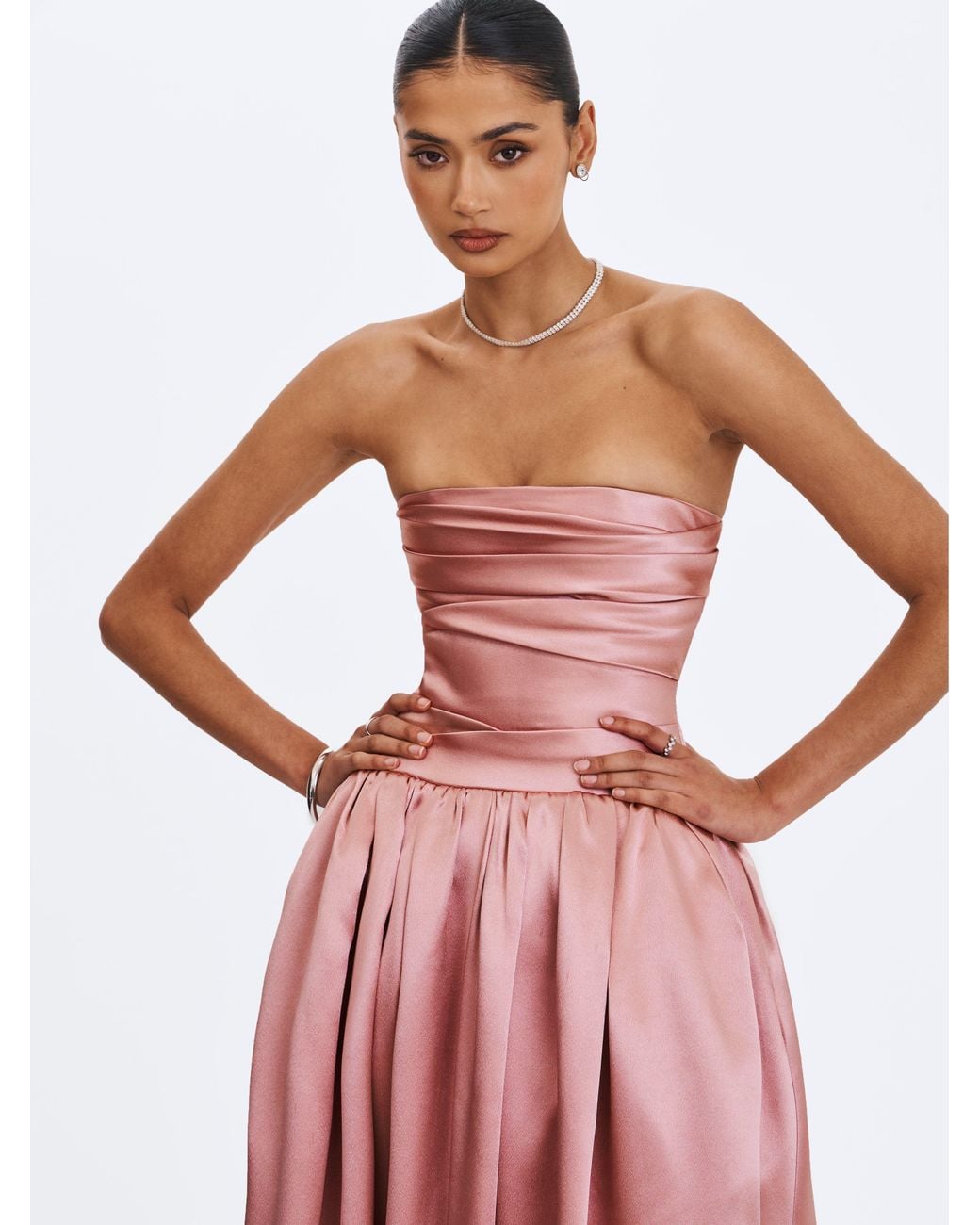 Miss Circle New York Pink Willette Deep Rose Satin Strapless Gathered Maxi Dress