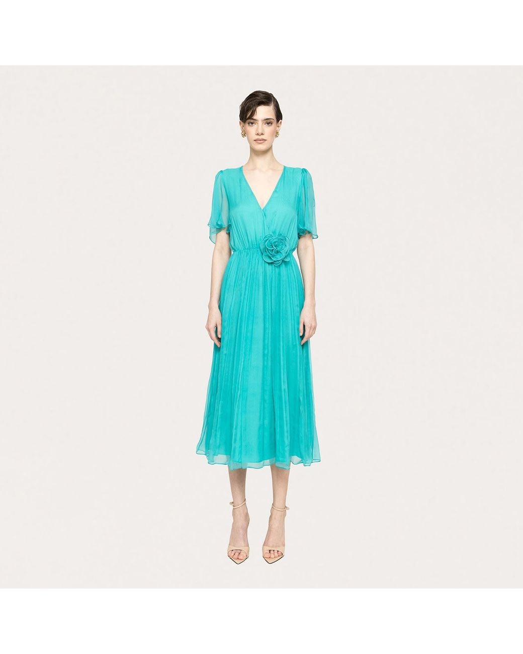 Nissa Blue Floral-Appliqué Silk Midi Dress Aqua