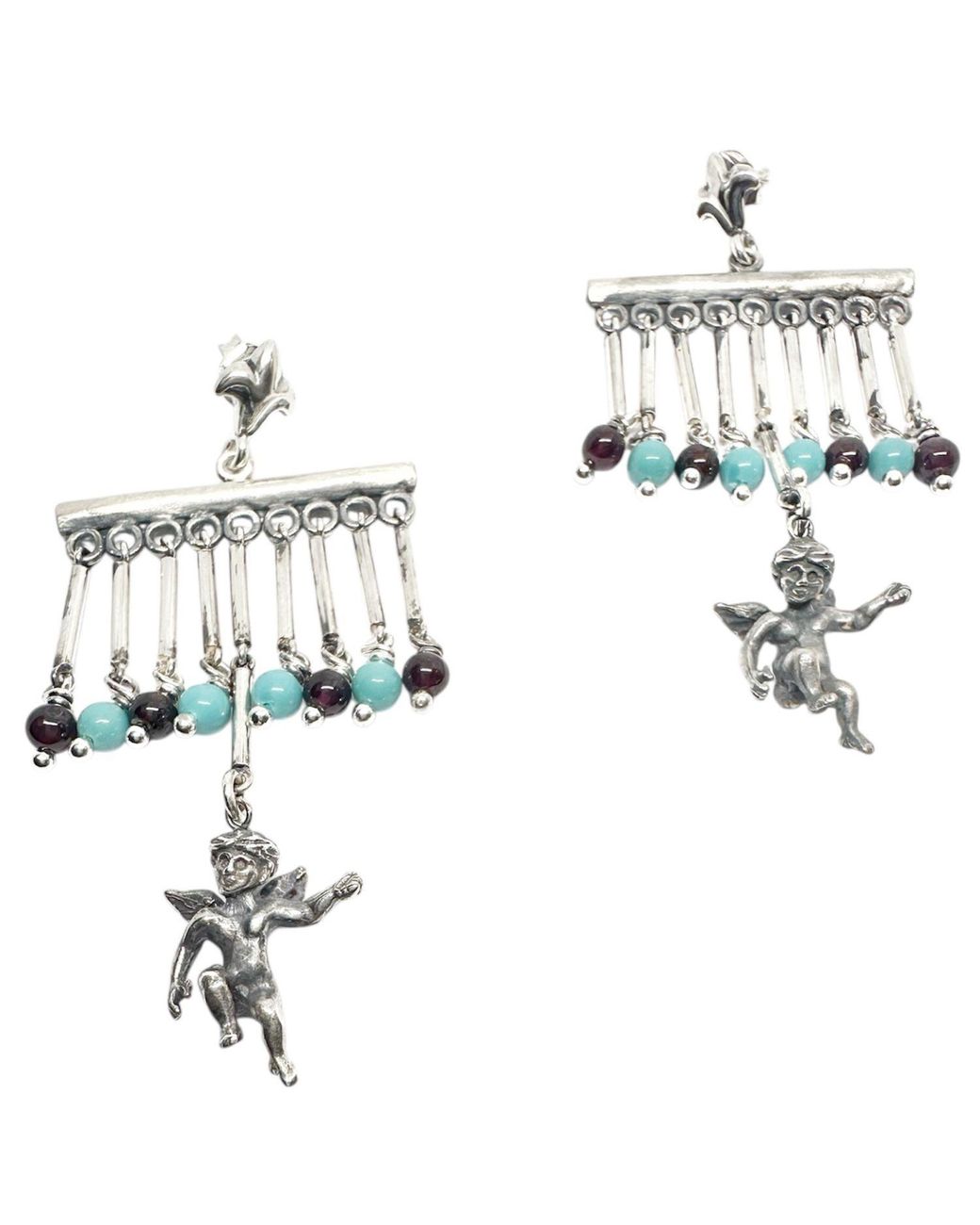 Tg-Jewellery by Tamara Gervasio Metallic Sterling Cherub Chandelier Earrings With Garnet & – Lost Wax Carving