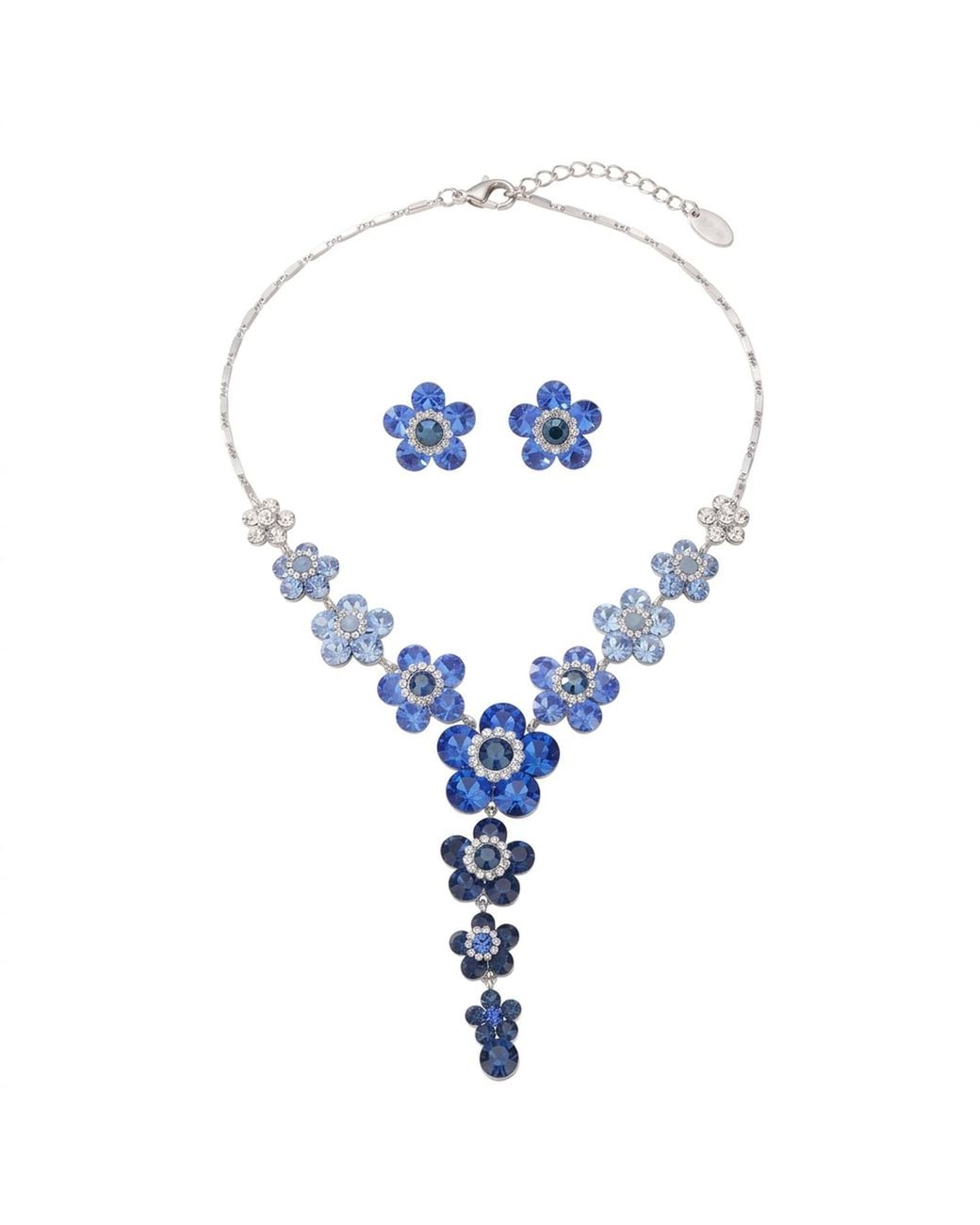 Modenaire Blue Sapphire Crystal Daisy Necklace And Earring Set