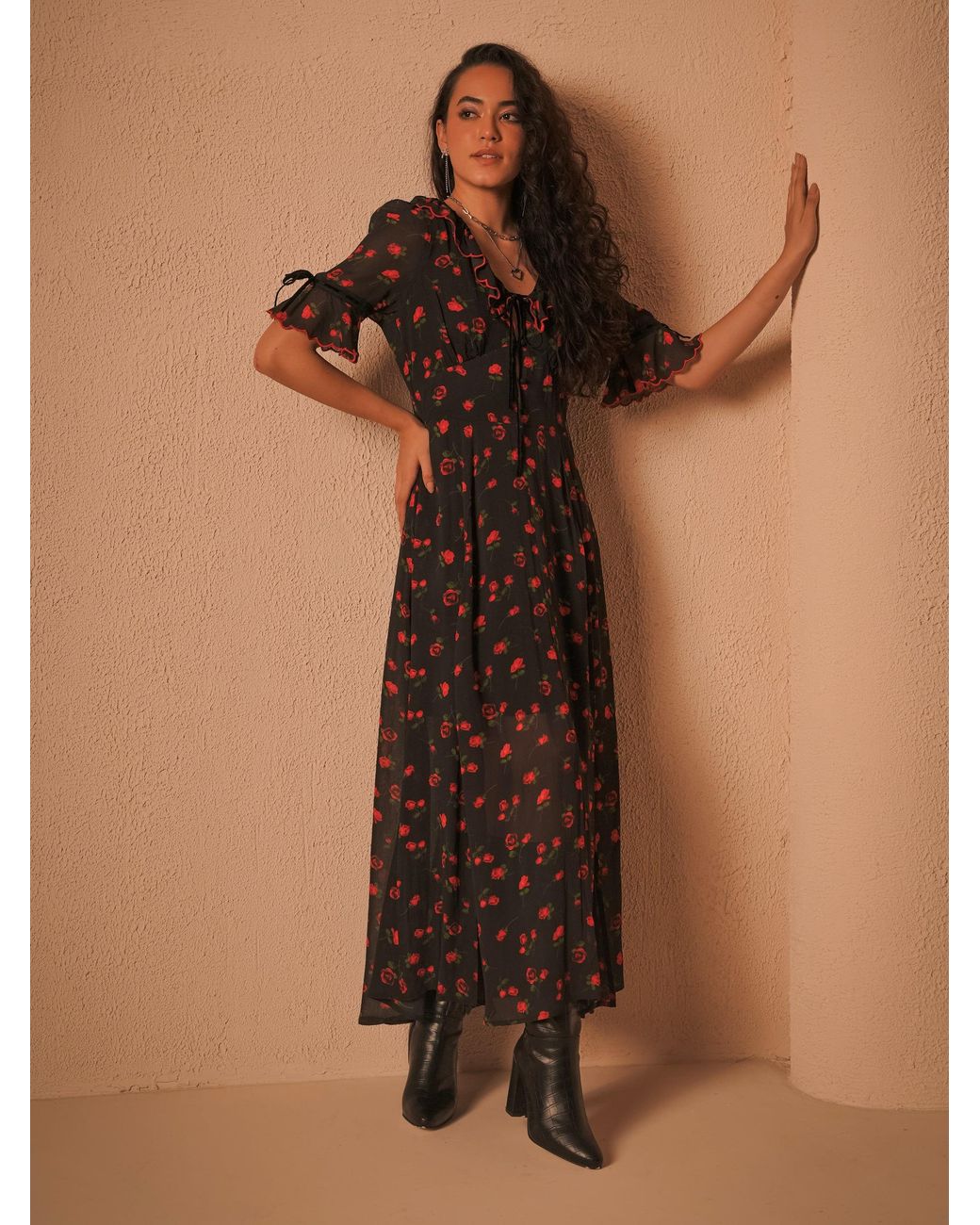 Rose & Nancy Red Toni Rose Print Velvet Tie Maxi Dress