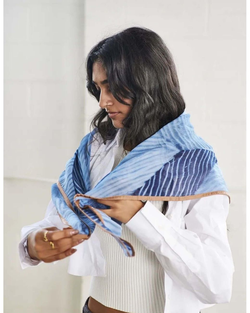 Variously Blue Samu Hand Printed Shibori Silk Chiffon Scarf