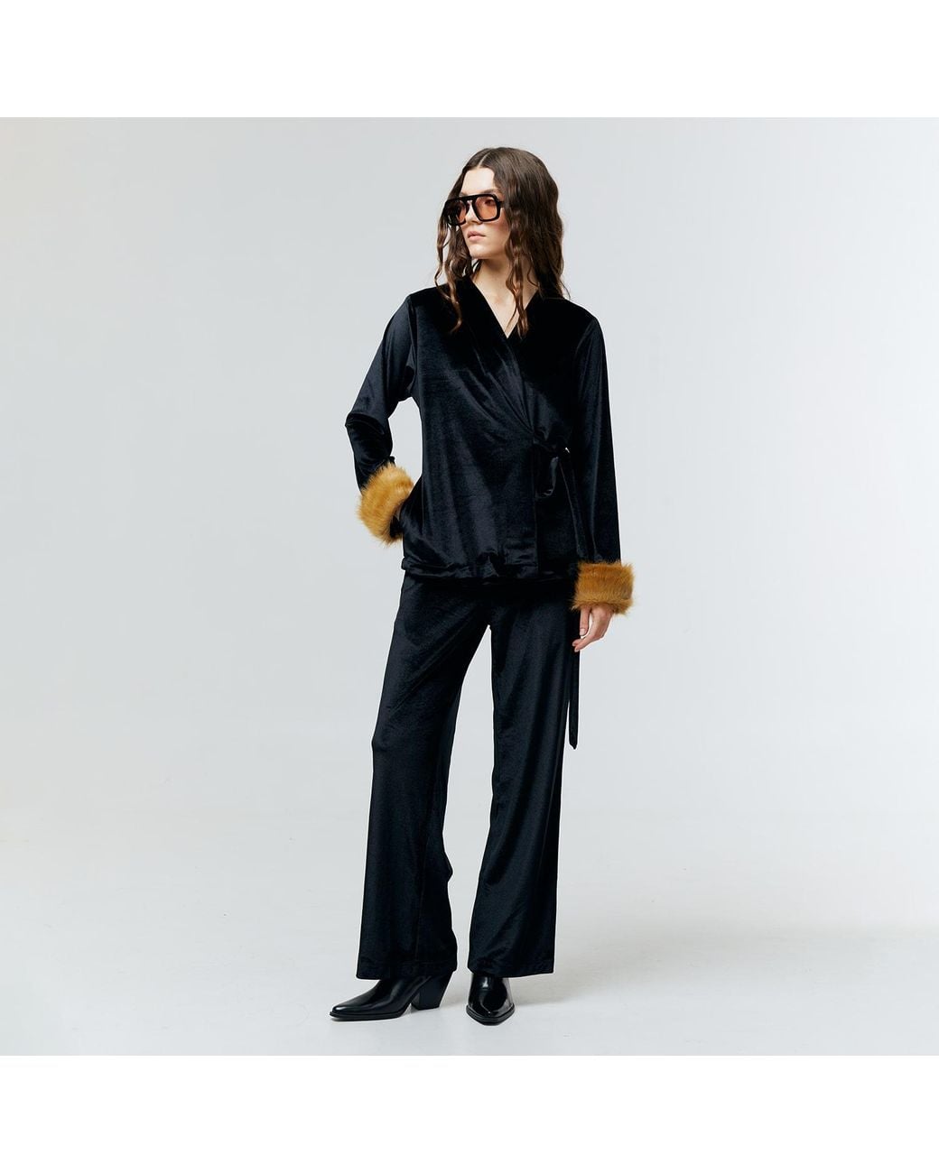 Ats the Label Black Aurielle Velvet Fur Cuff Top