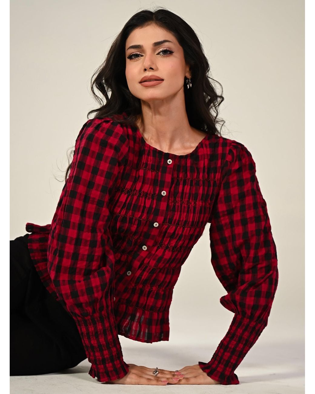 Rose & Nancy Red Mary Cotton Check Smocked Shirt