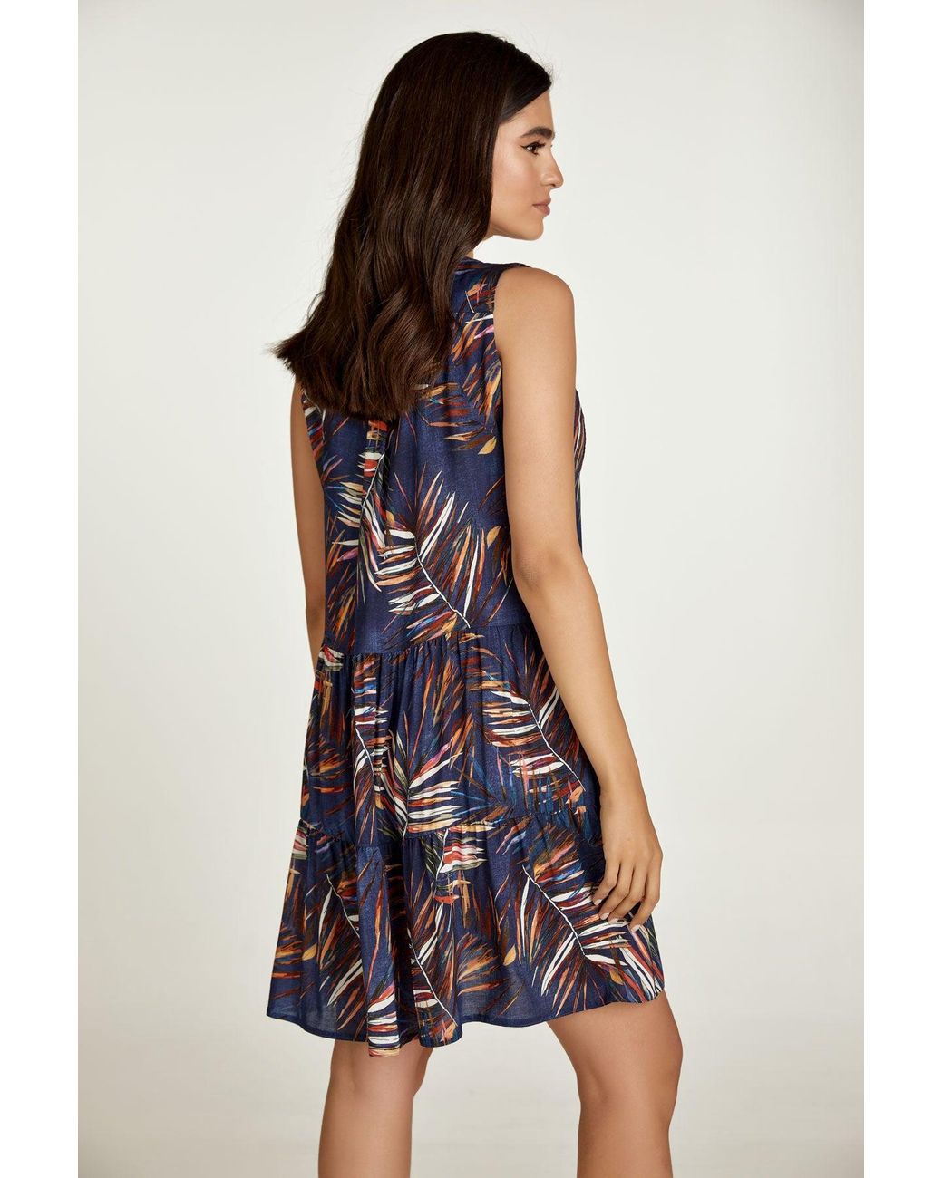 Conquista Blue Sleeveless Leaf Print A Line Dress