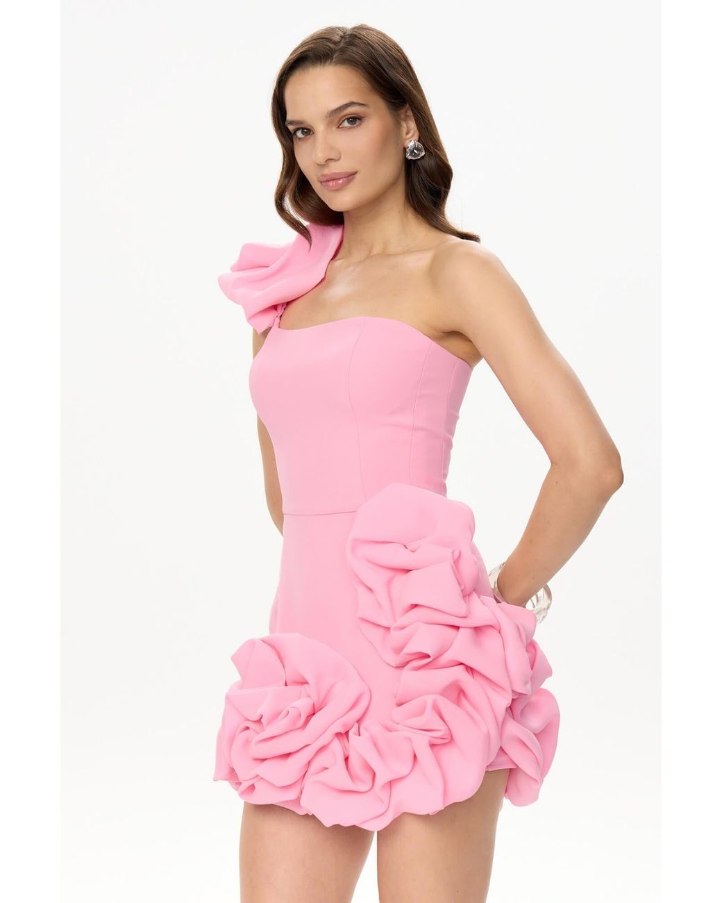 POST MERIDIEM Pink Flounced Bottom One Shoulder Bustier Dress