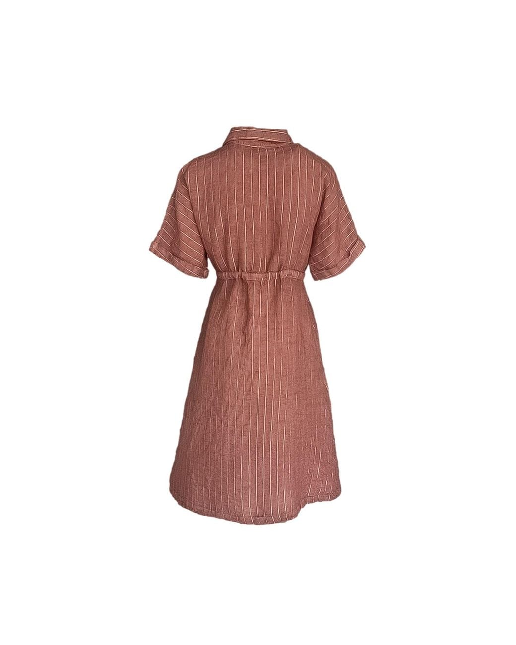 Haris Cotton Brown Striped Linen Button Front Dress With Drawstring Waist Blush