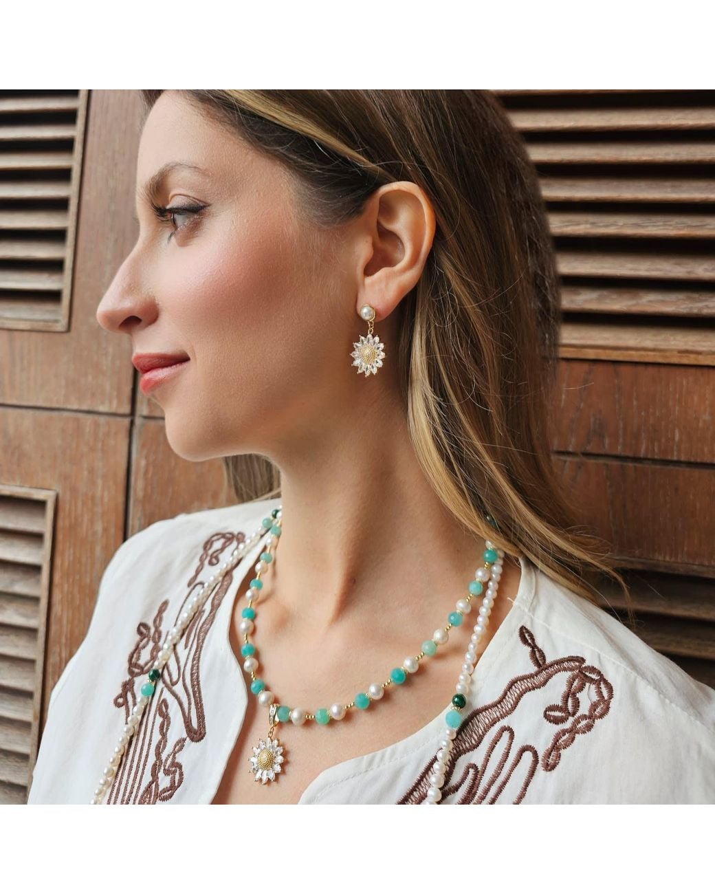 Farra Metallic Zircon Daisy Dangle With Pearl Stud Earrings
