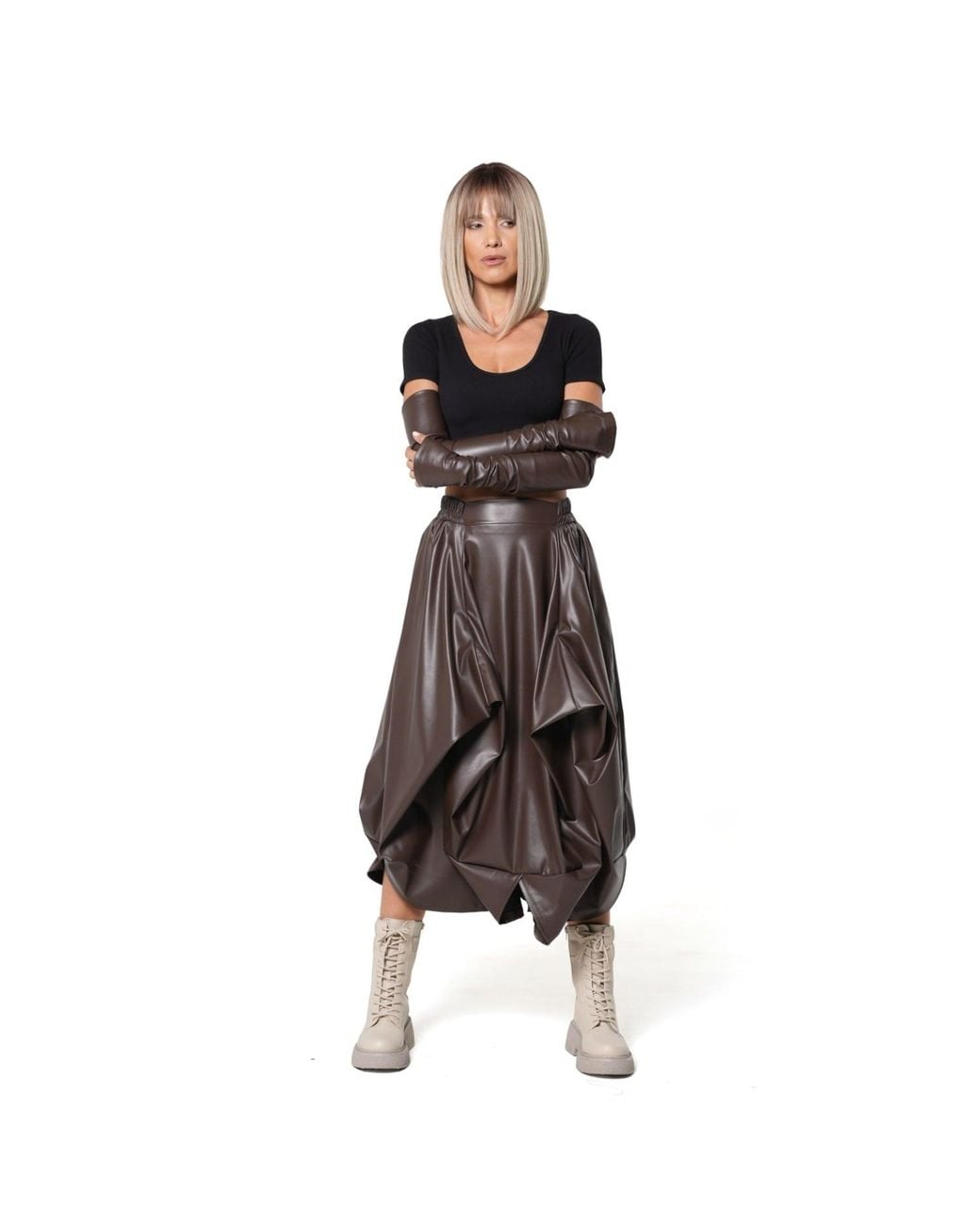 Metamorph Brown Vegan Leather Midi Skirt With Sculptural Folds