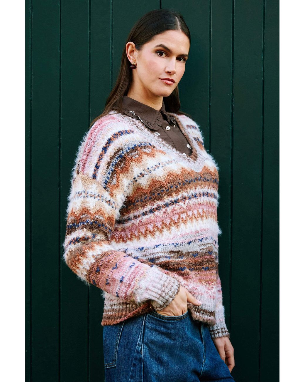 Yumi' Pink Multicolour Fairisle Relaxed Boucle Jumper