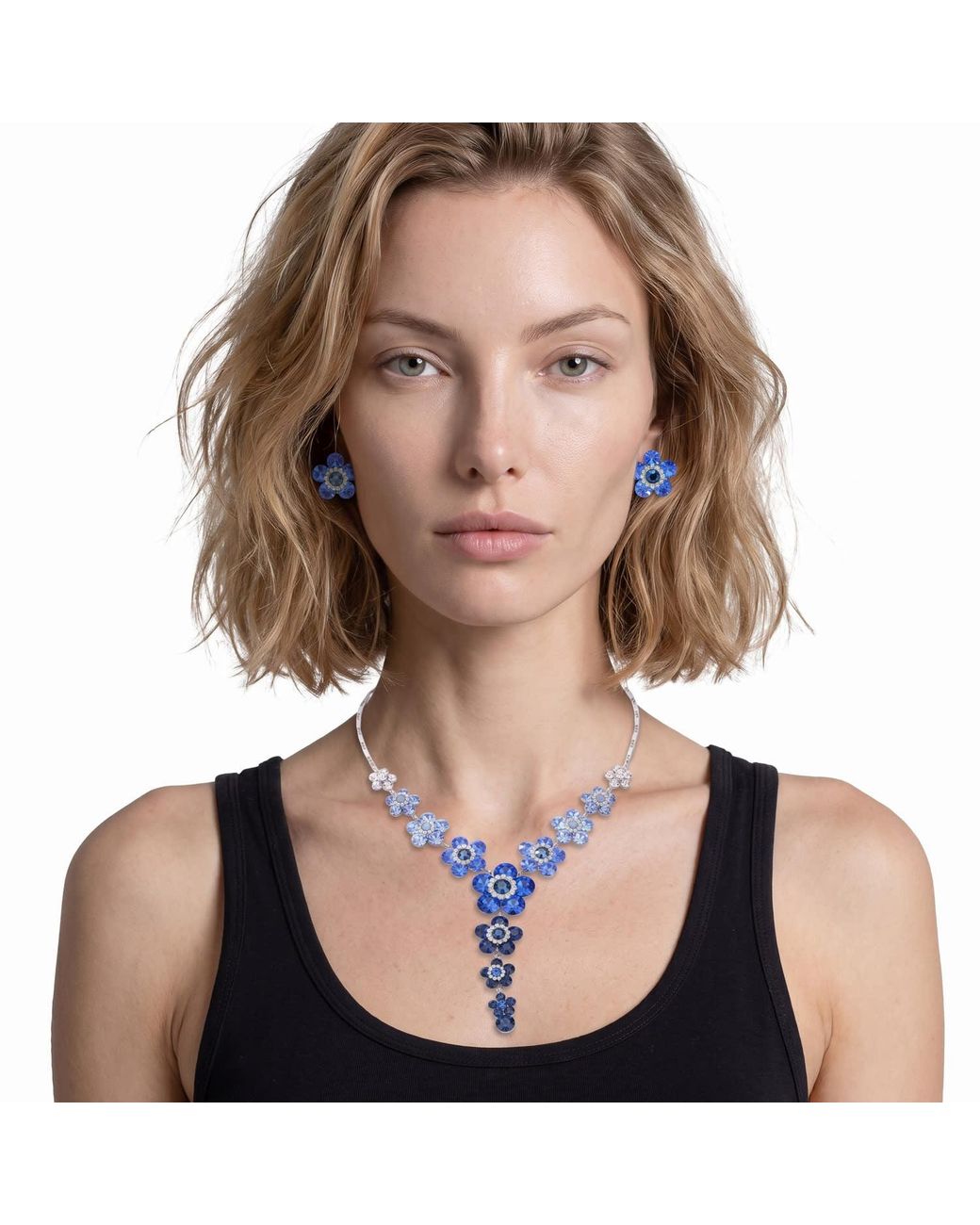 Modenaire Blue Sapphire Crystal Daisy Necklace And Earring Set