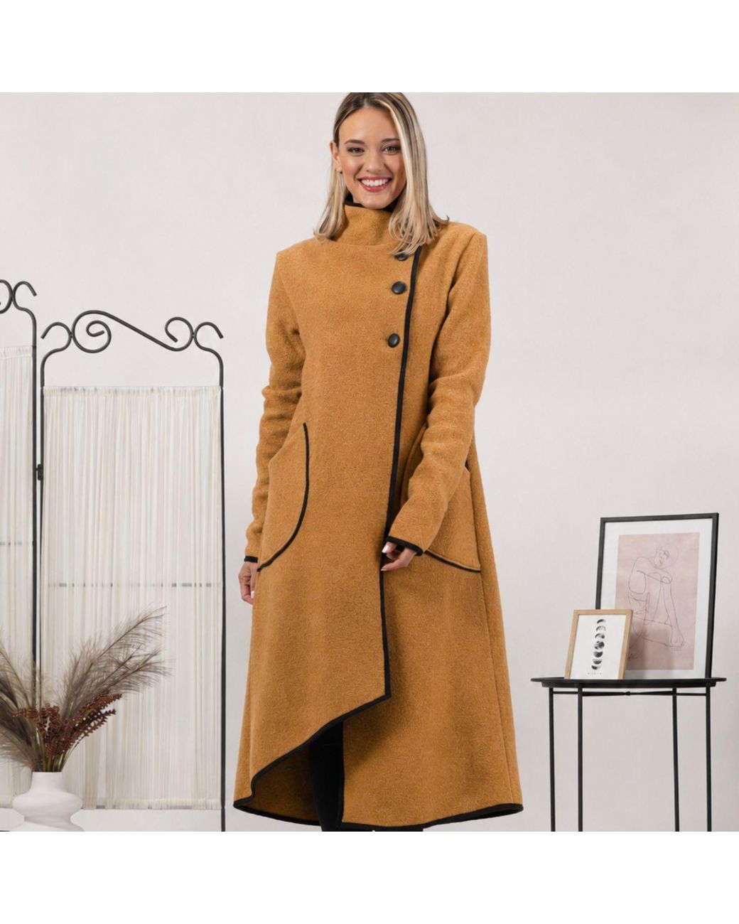 Nikka Place Brown Boiled Wool High Neck Cardigan With Pockets