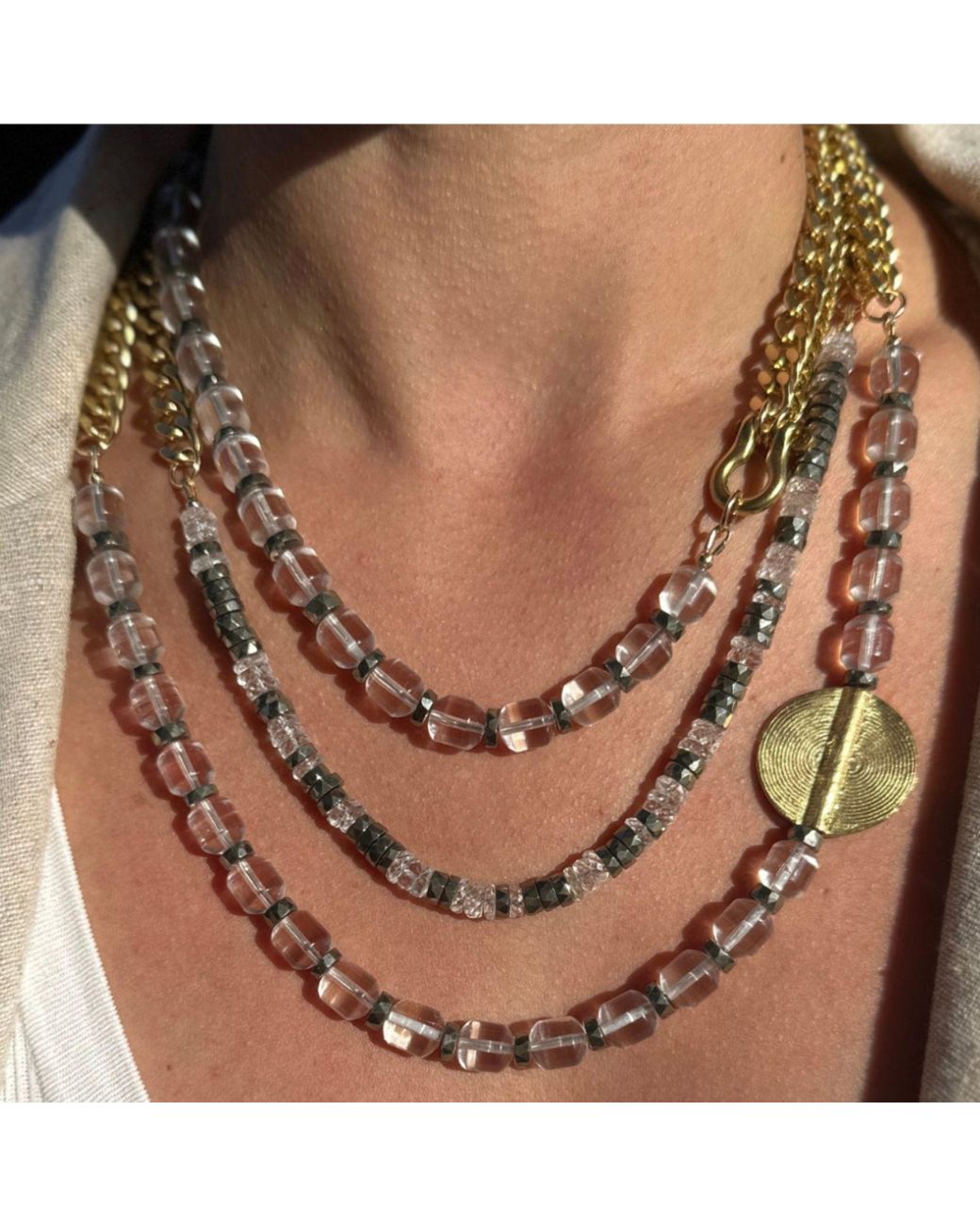 Rachel Nathan Brown Rock Quartz & Pyrite Heishi Necklace