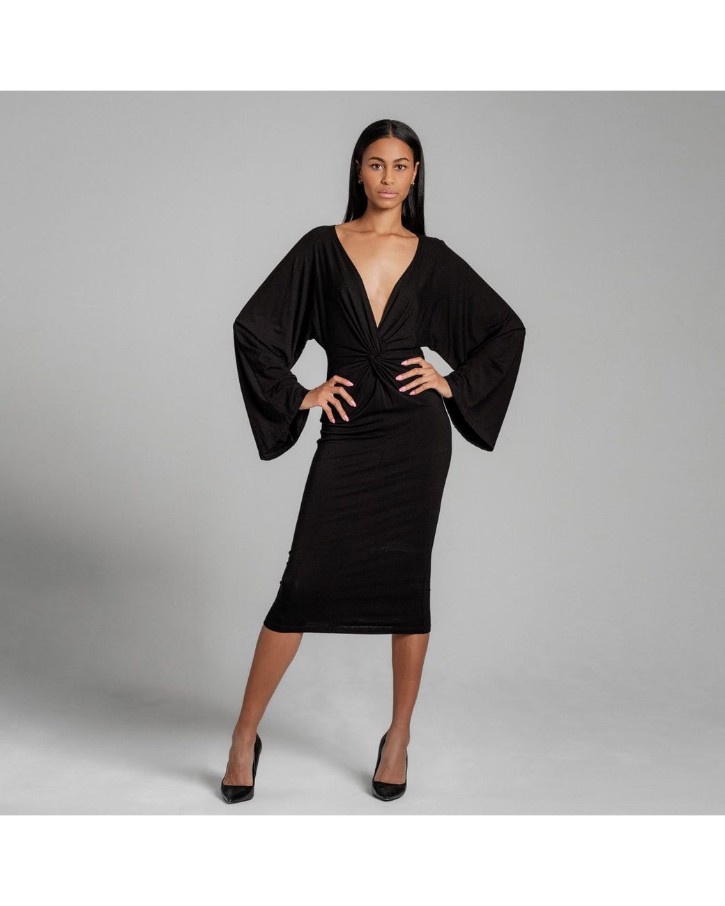 Imaatu Black Eclipse Kimono Sleeve Plunge V-Neck Knot Midi Dress