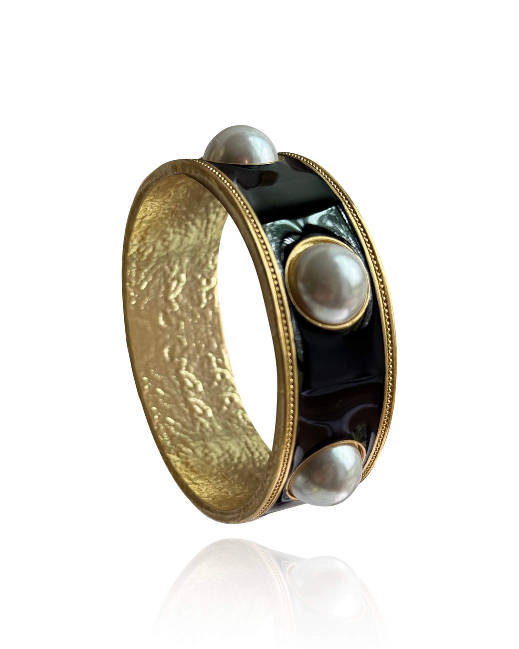 Laura Gray Black Enamel Faux Pearl Wide Bangle