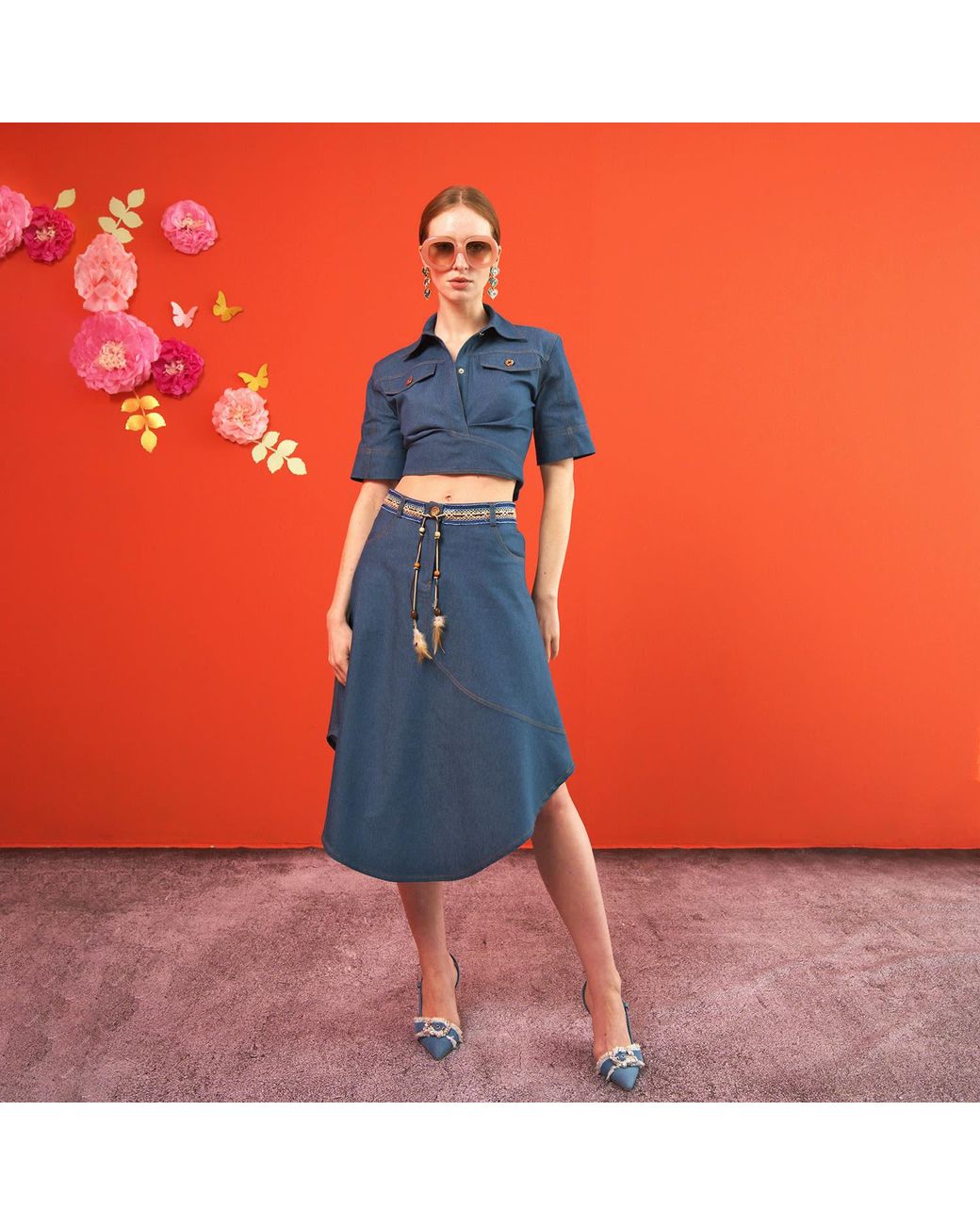 Lalipop Design Blue Fitted Cropped Denim Shirt