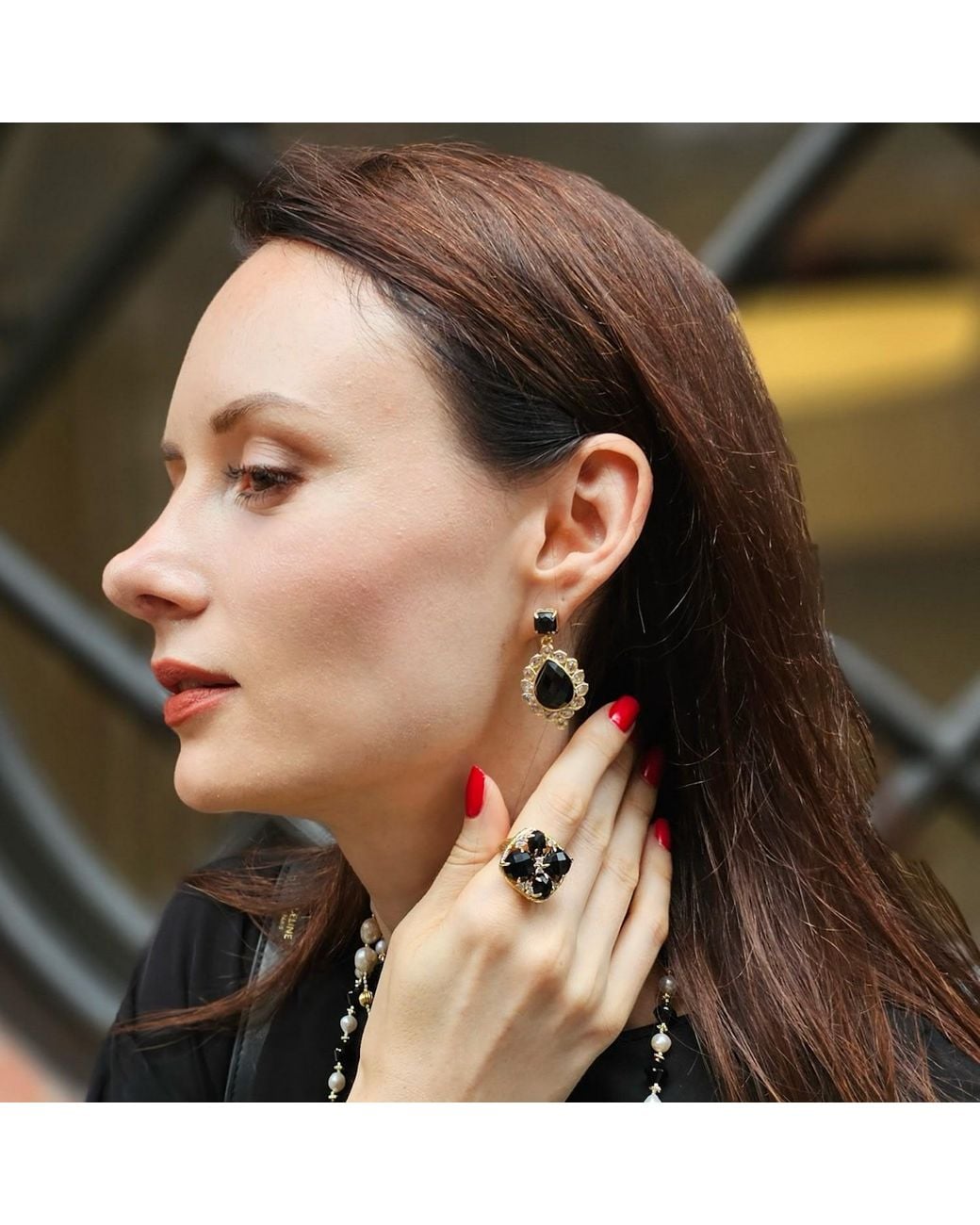 Farra Black Agate Settings Statement Earrings