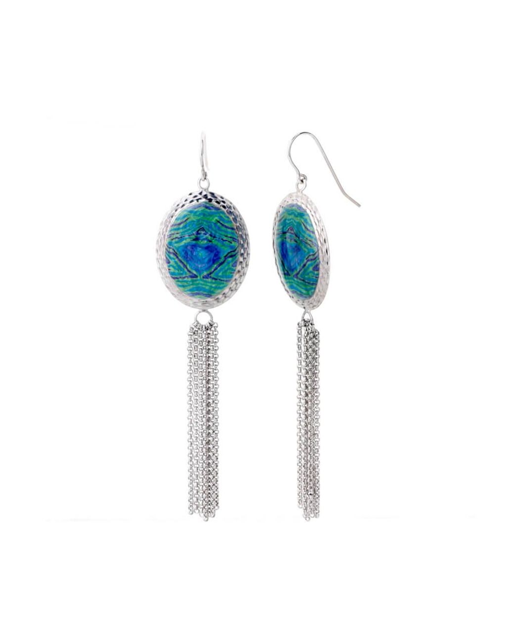 Gold & Honey Blue Oval Printed Tassel Earrings