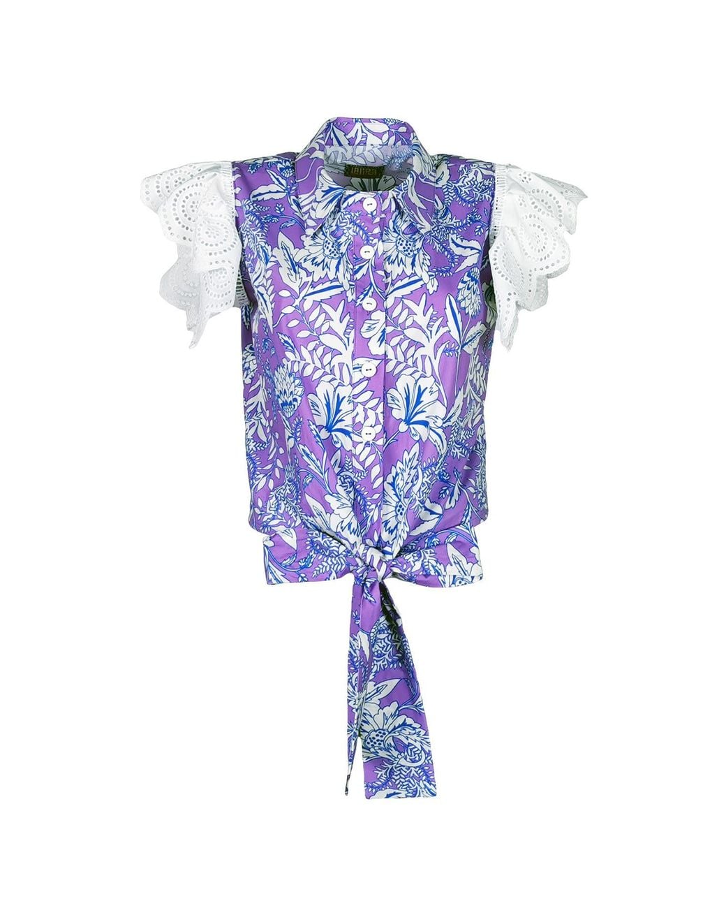 Lalipop Design Blue Cotton Shirt With Ruffled Embroidered Sleeves