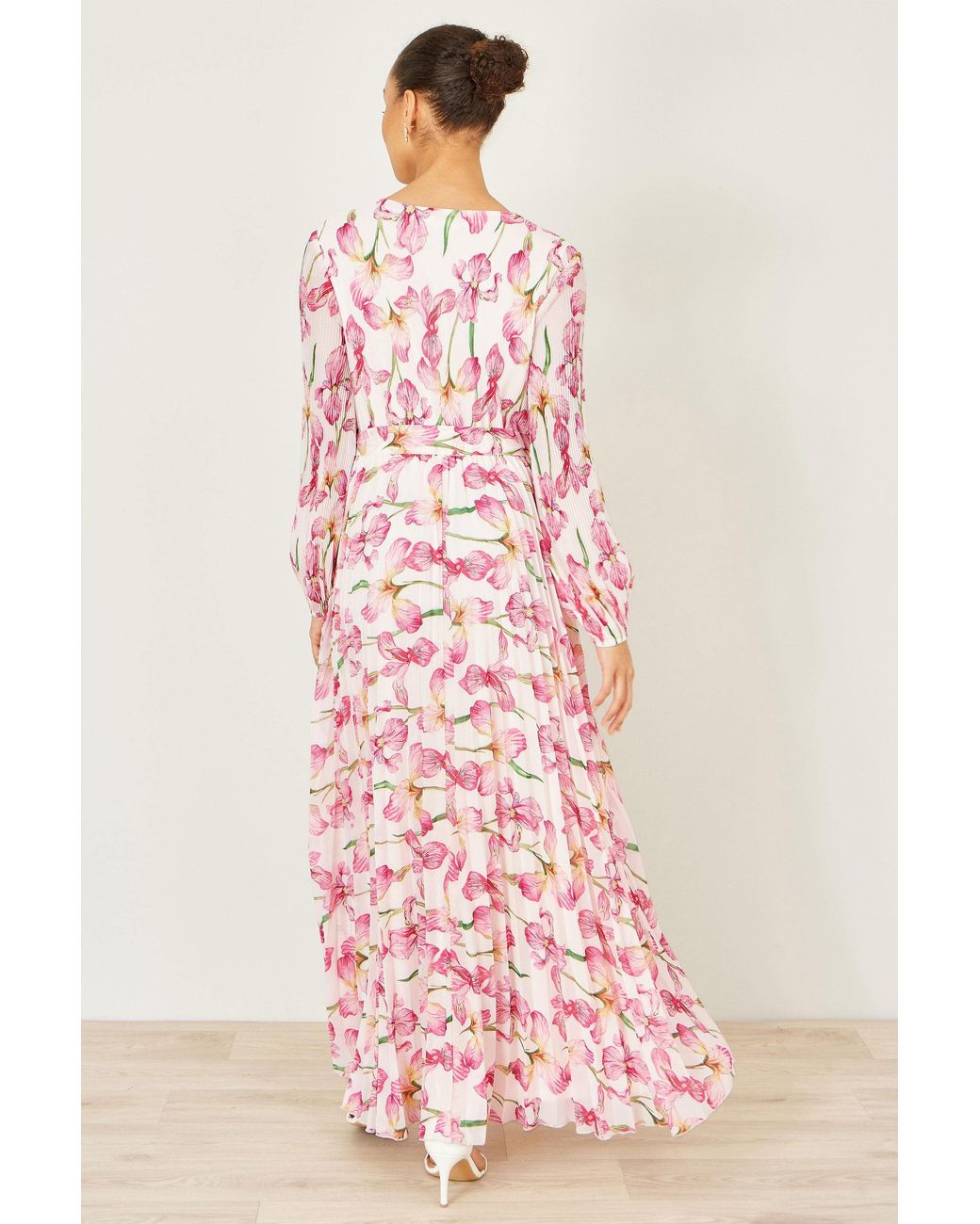 Yumi' Pink Neutrals Orchid Floral Pleated Wrap Maxi Dress