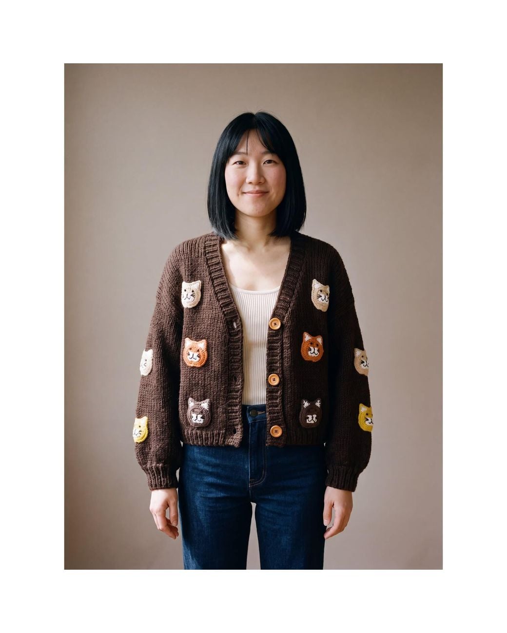 Ana Chic Black Cat Motif Handmade Knitted Cardigan