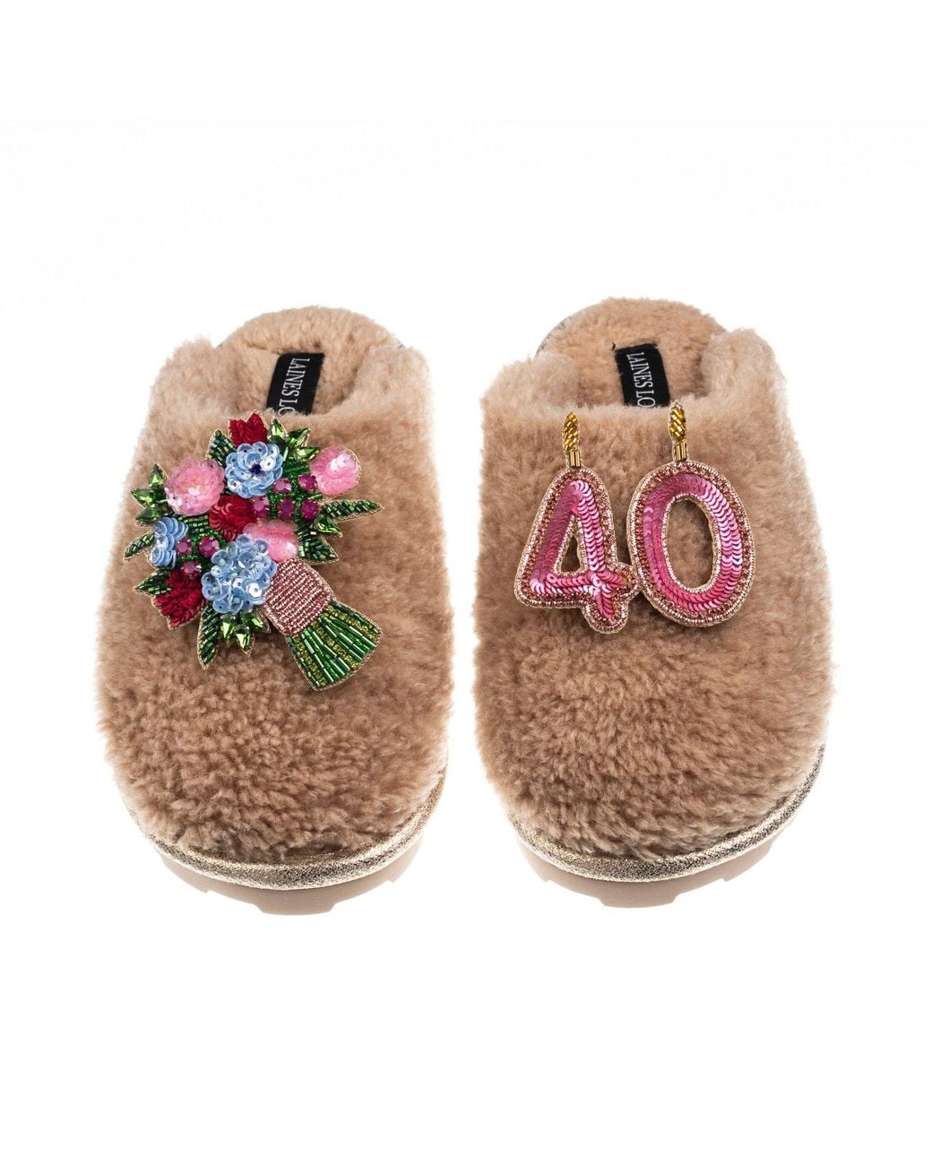 Laines London Brown Teddy Closed Toe Slippers With 40Th Birthday & Flowers Brooches
