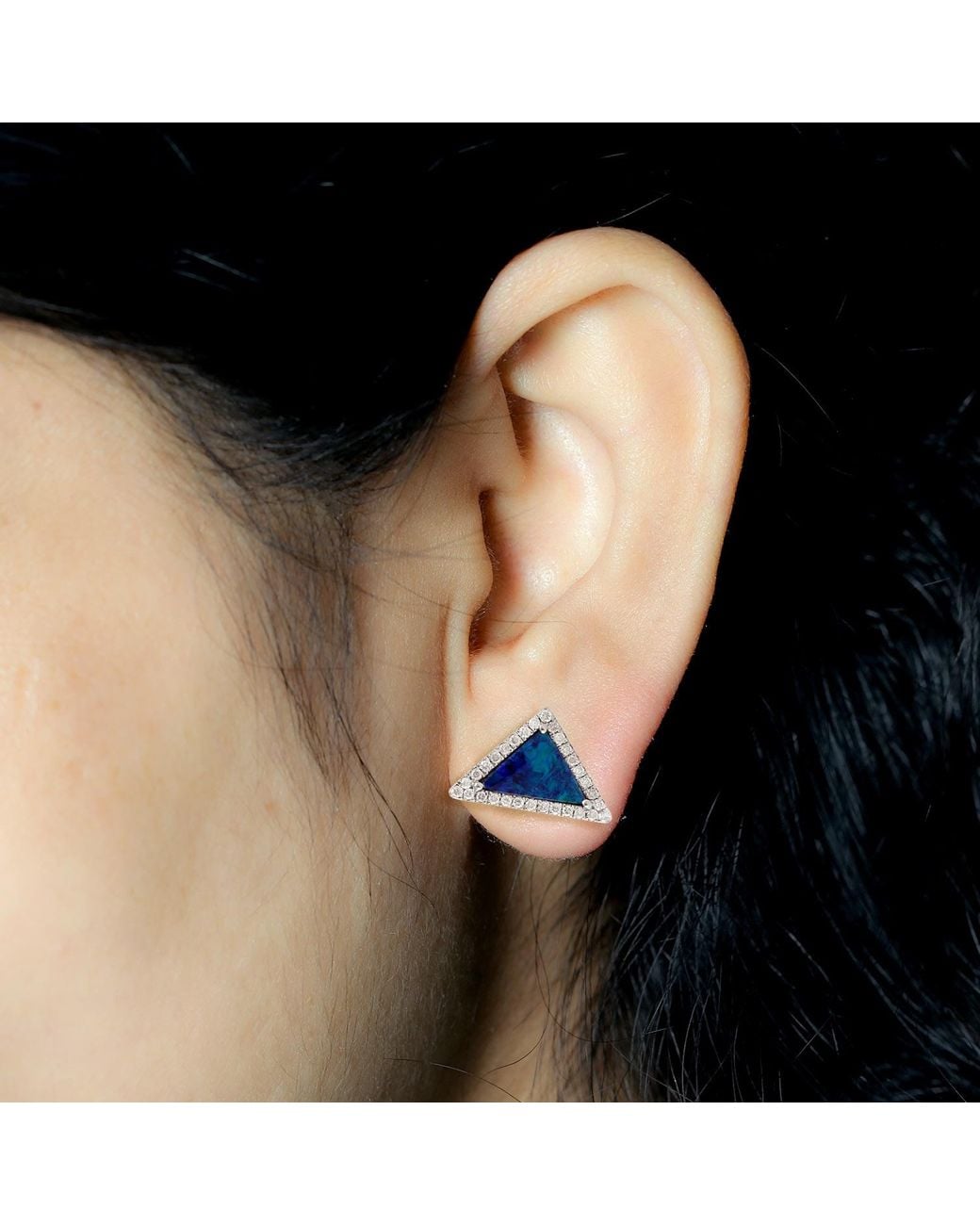 Artisan Multicolor 18k White Gold Natural Diamond Opal Trillion Stud Earrings Minimal Jewelry
