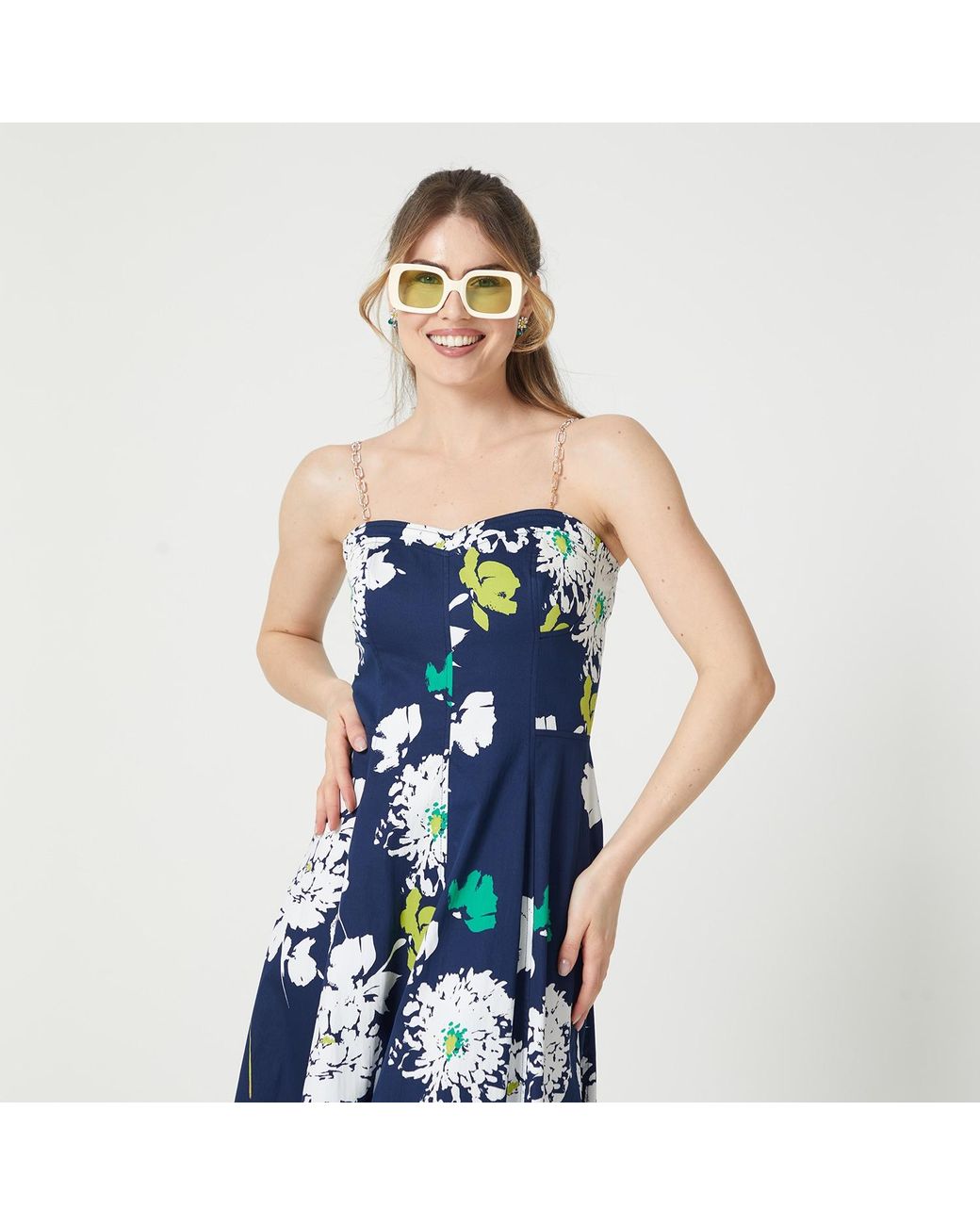 Lalipop Design Blue Two Chain-Link Shoulder Straps Midi Dress