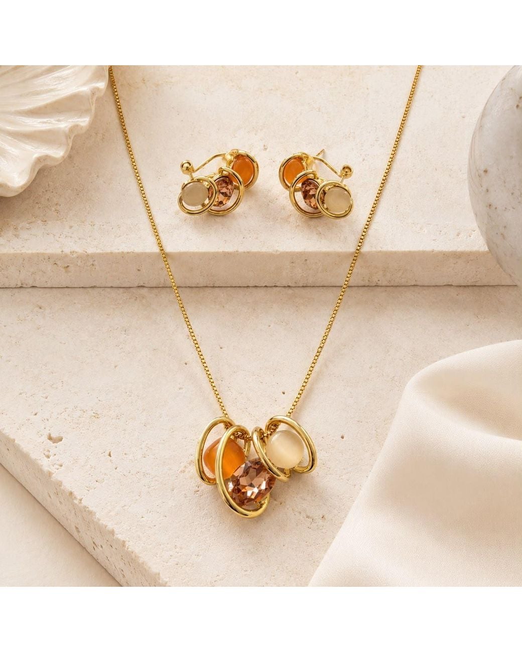 By Ozge Metallic Neutrals Solar Harmony Amber & Ivory Plated Pendant Necklace