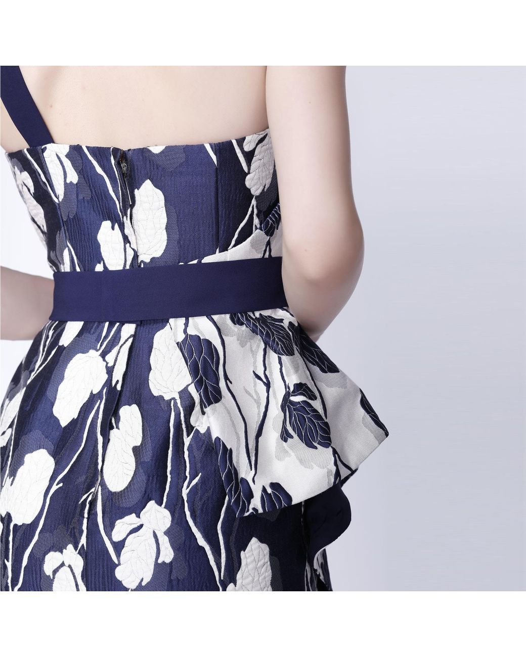 Smart and Joy Blue Sculptural Flower Jacquard Bustier Dress