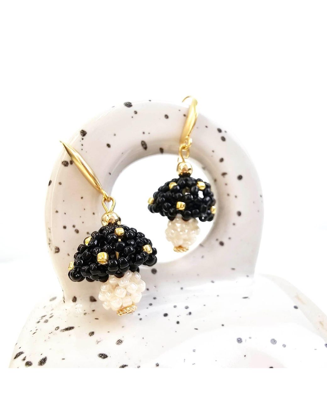 Farra Black Beaded Mushroom Playful Earrings