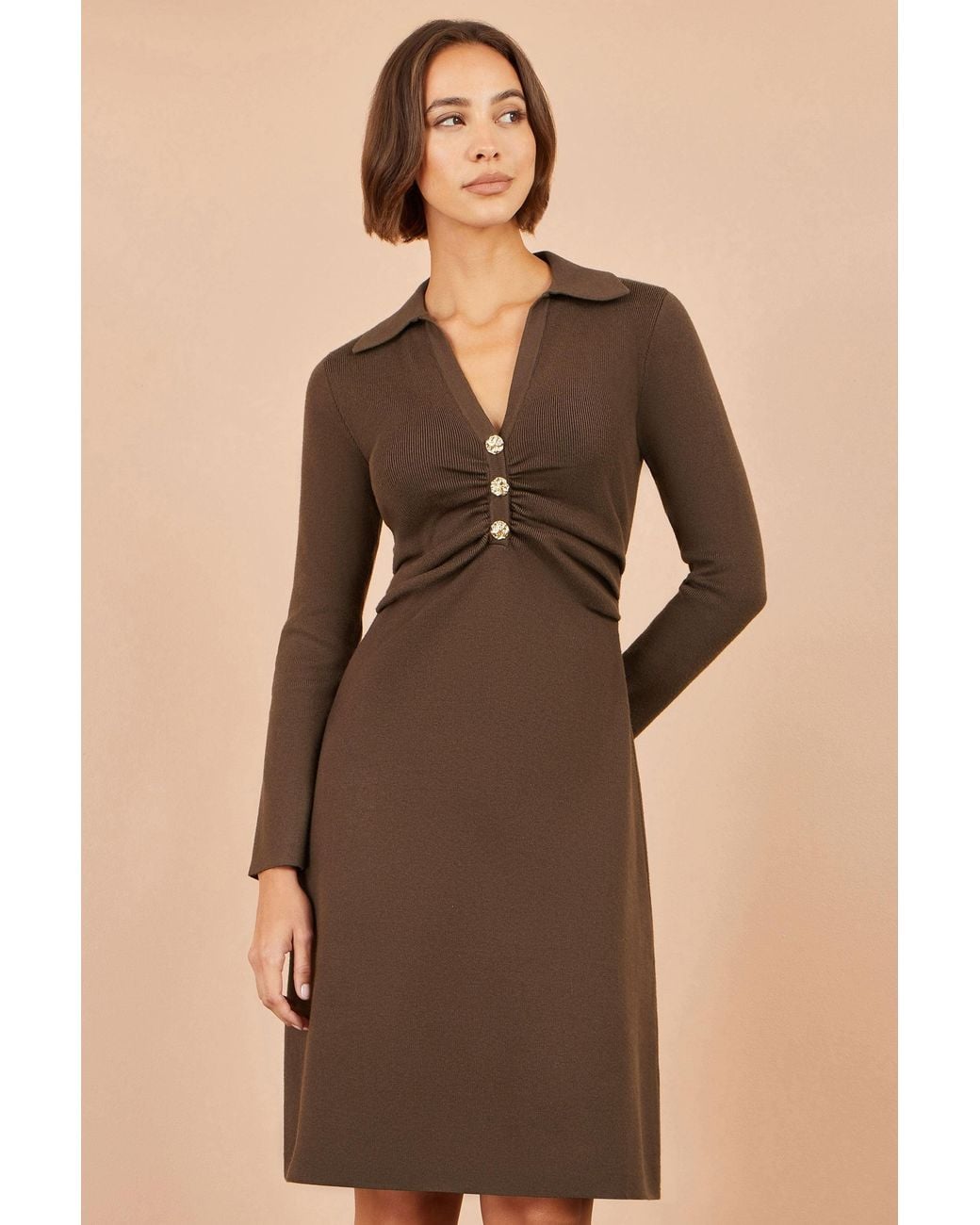 Yumi' Brown Knitted Ruched Collar Dress