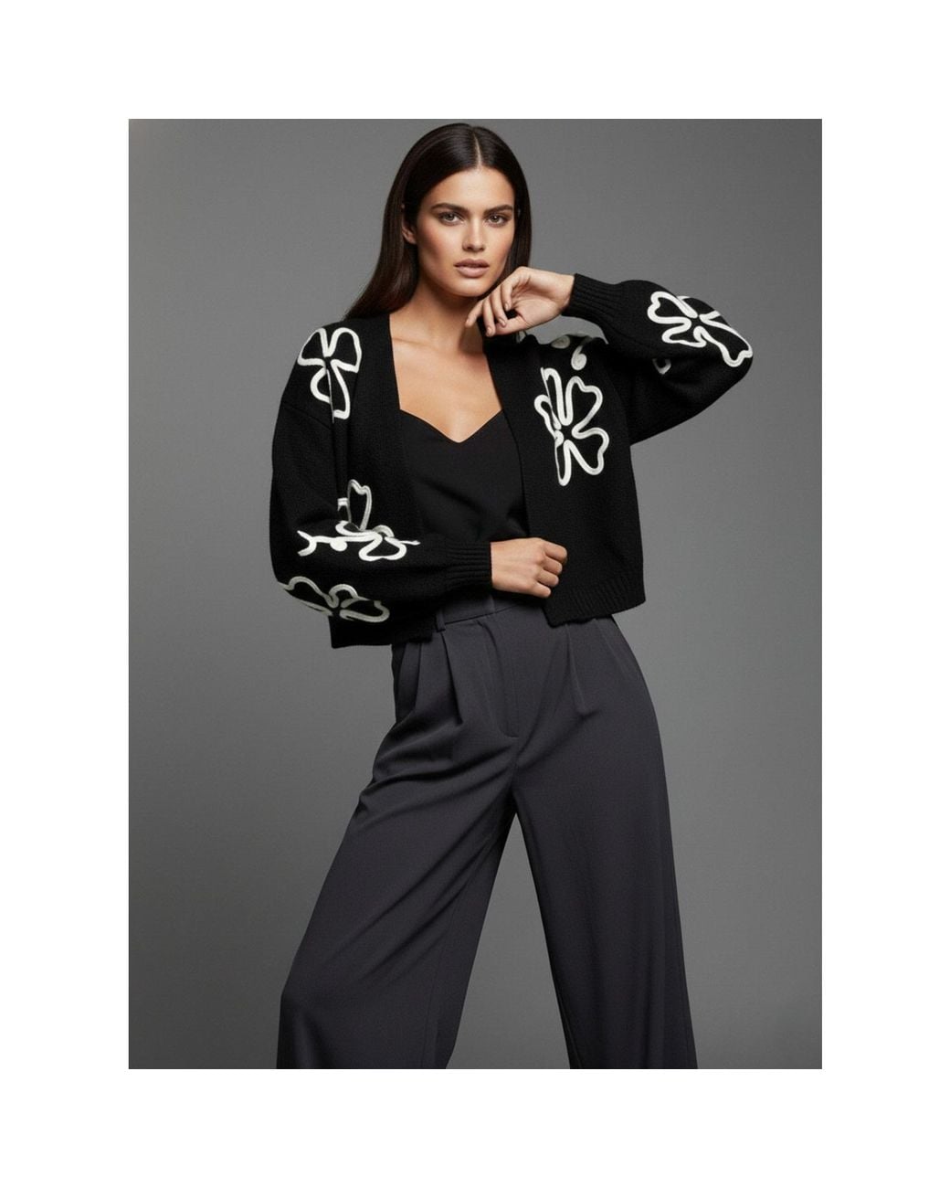 Saachi Black Cropped Floral Cardigan Squiggle