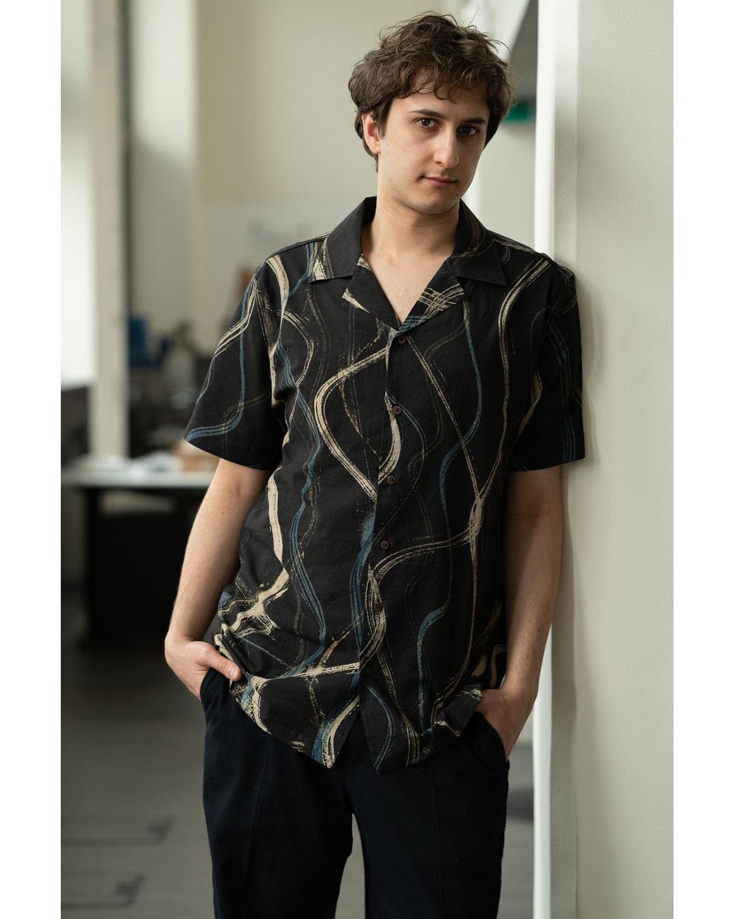 Stovaria Black Camp Collar Half Sleeve Organic Cotton Shirt With Abstract Brush Print for men