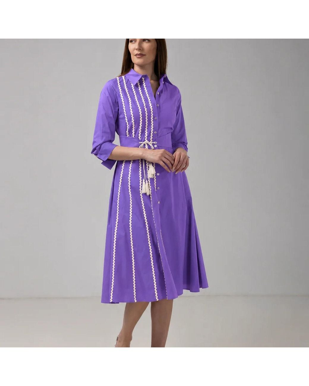 IZABELA MANDOIU Purple Premium Cotton Shirt Dress With Contrast Ric Rac Detailing & Tassel Waist Tie