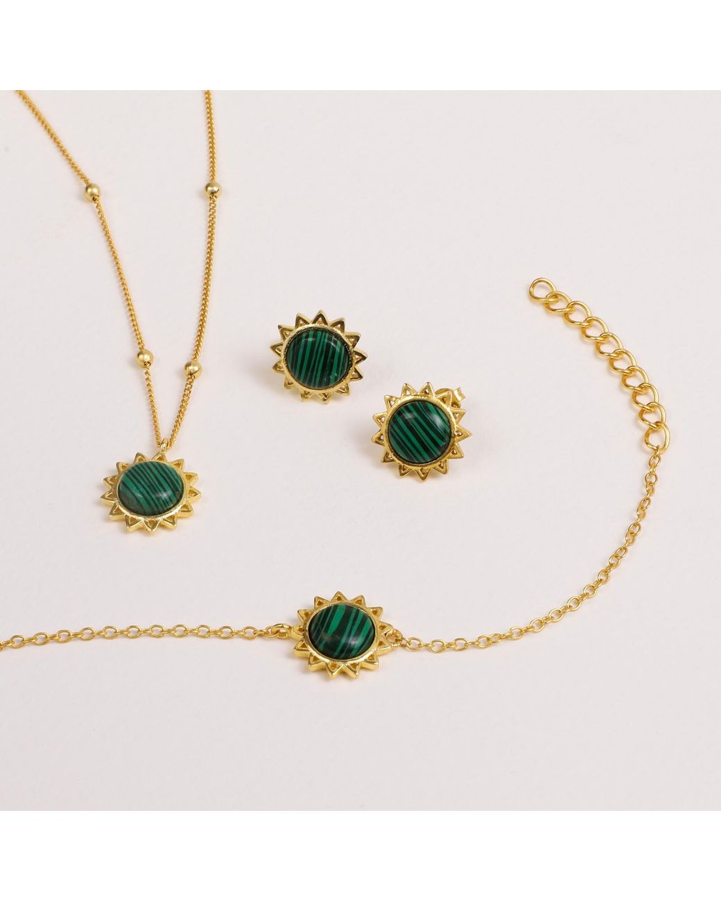 Lila Rasa Green Malachite May Birthstone Harmonize Energy & Radiate Well-Being. Jewellery Set Necklace, Earrings & Bracelet
