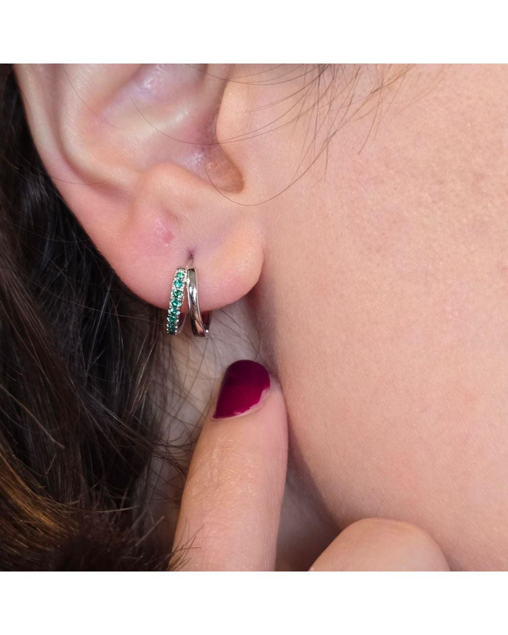 Harfi Metallic Emerald May Birthstone Double Hoop Small Huggie Sterling Earrings