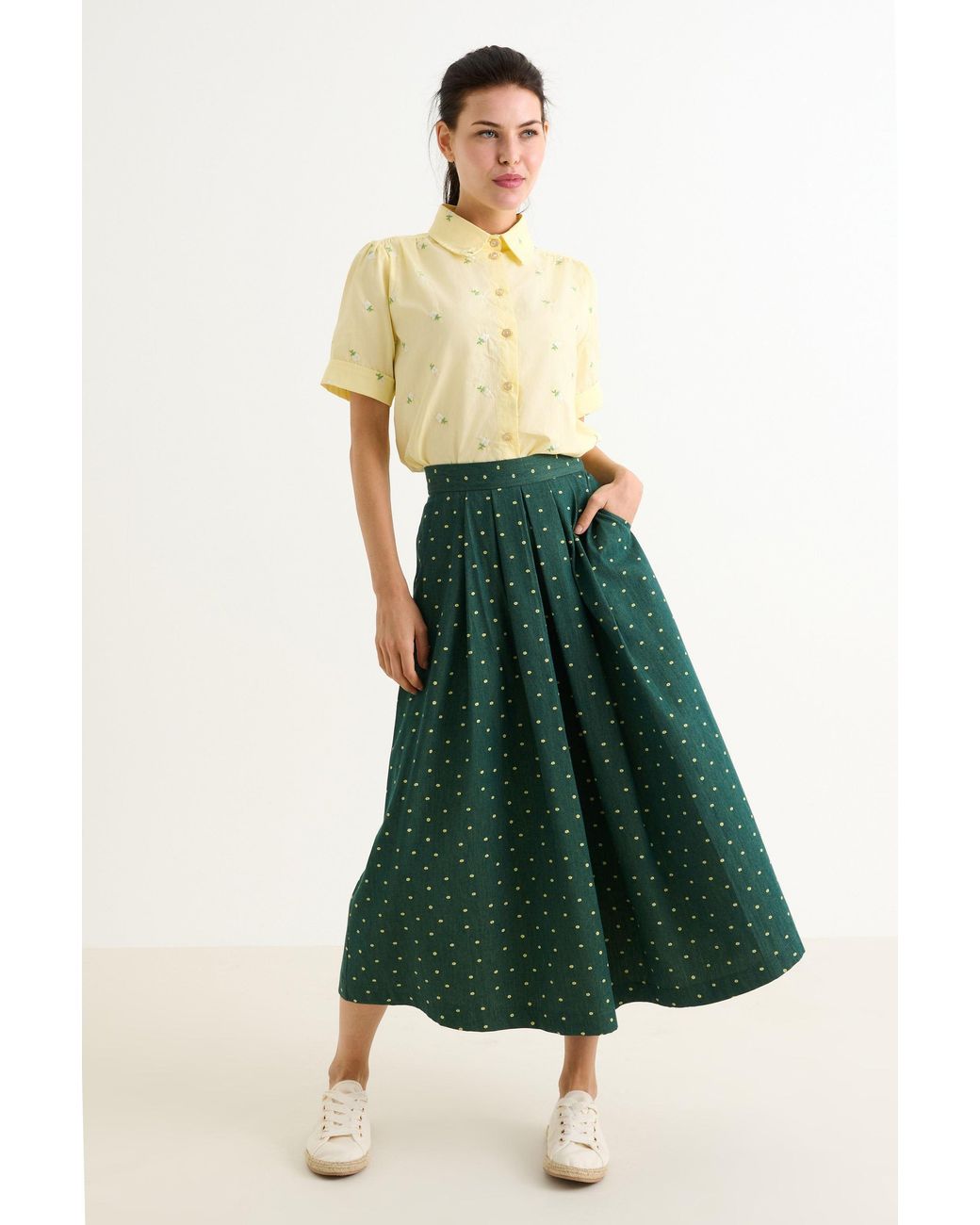 Louche Green Pasadena Flower Dot Midaxi Skirt- Fern