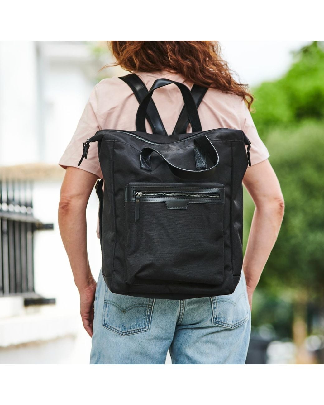 VIDA VIDA Black Leather Trim Top Zip Backpack