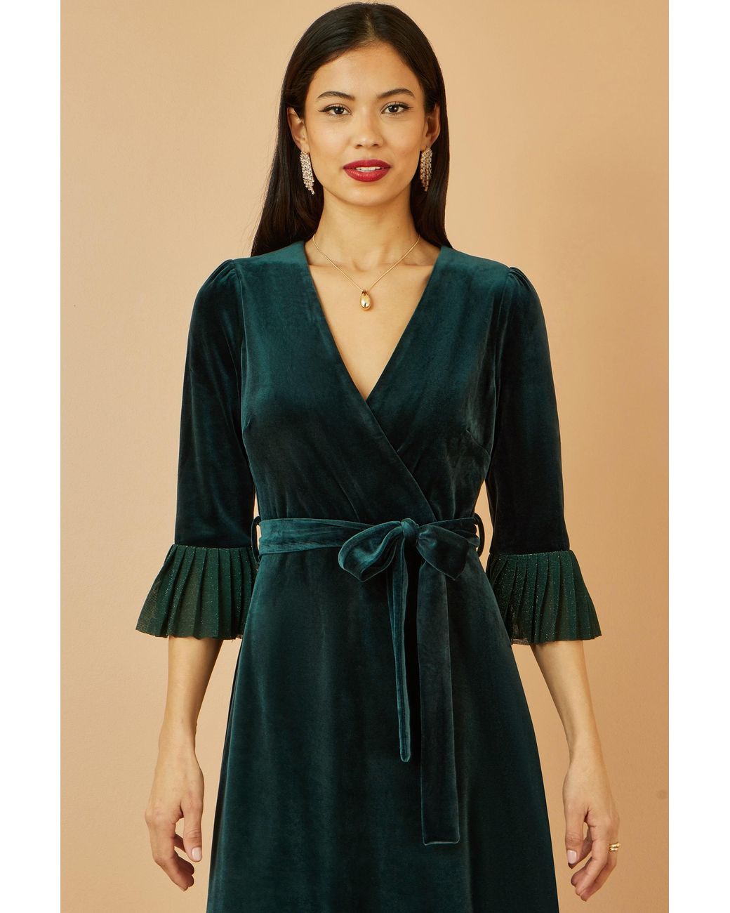 Yumi' Black Velvet Wrap Midi Dress With Contrast Hemline