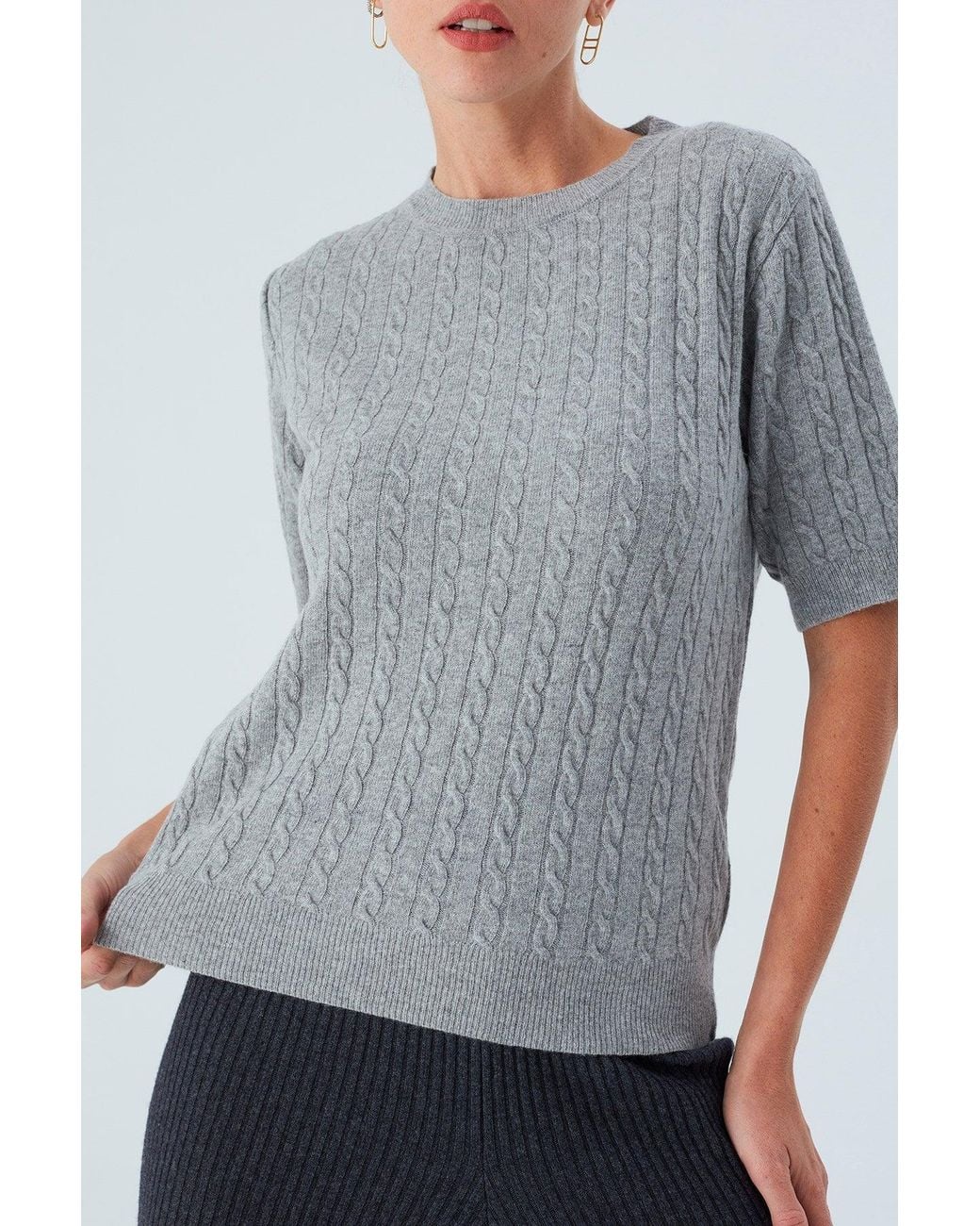 Peraluna Gray Nicole Cable Knit Cashmere Blend Short Sleeve Blouse