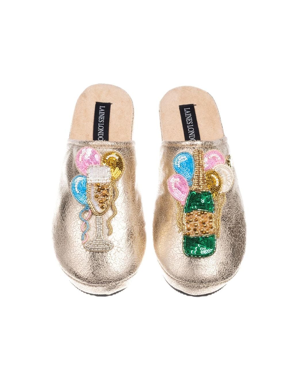 Laines London Metallic Softie Slippers With Birthday Bubbles Brooches