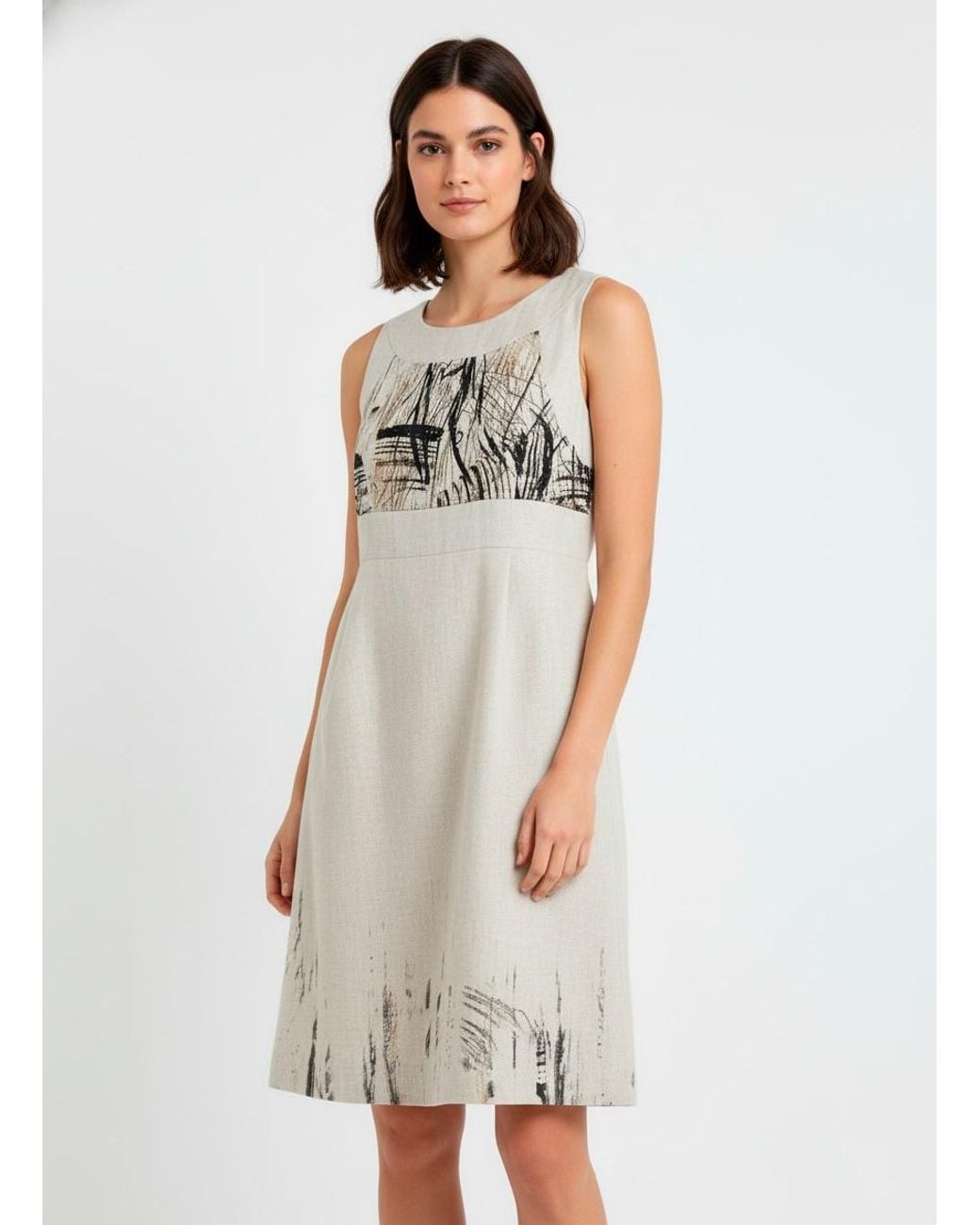 Conquista Natural Neutrals Sleeveless Dress With Artistic Print