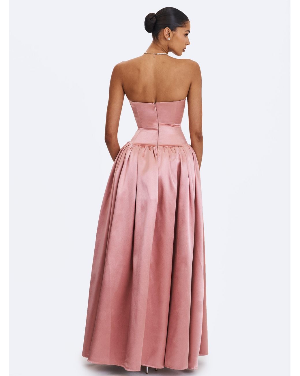Miss Circle New York Pink Willette Deep Rose Satin Strapless Gathered Maxi Dress