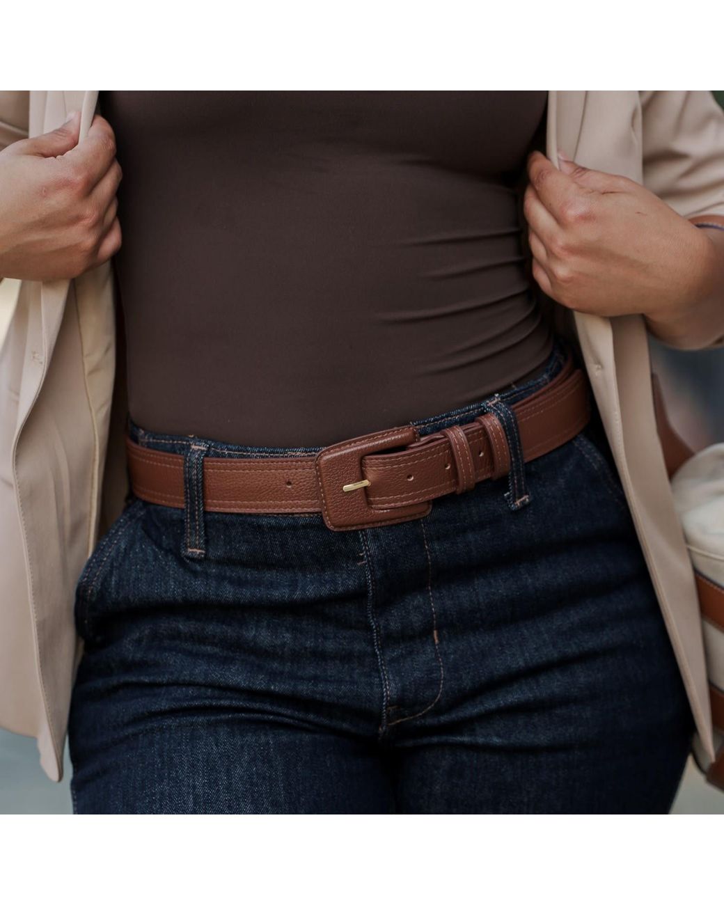 BeltBe Brown Leather Rectangle Buckle Belt