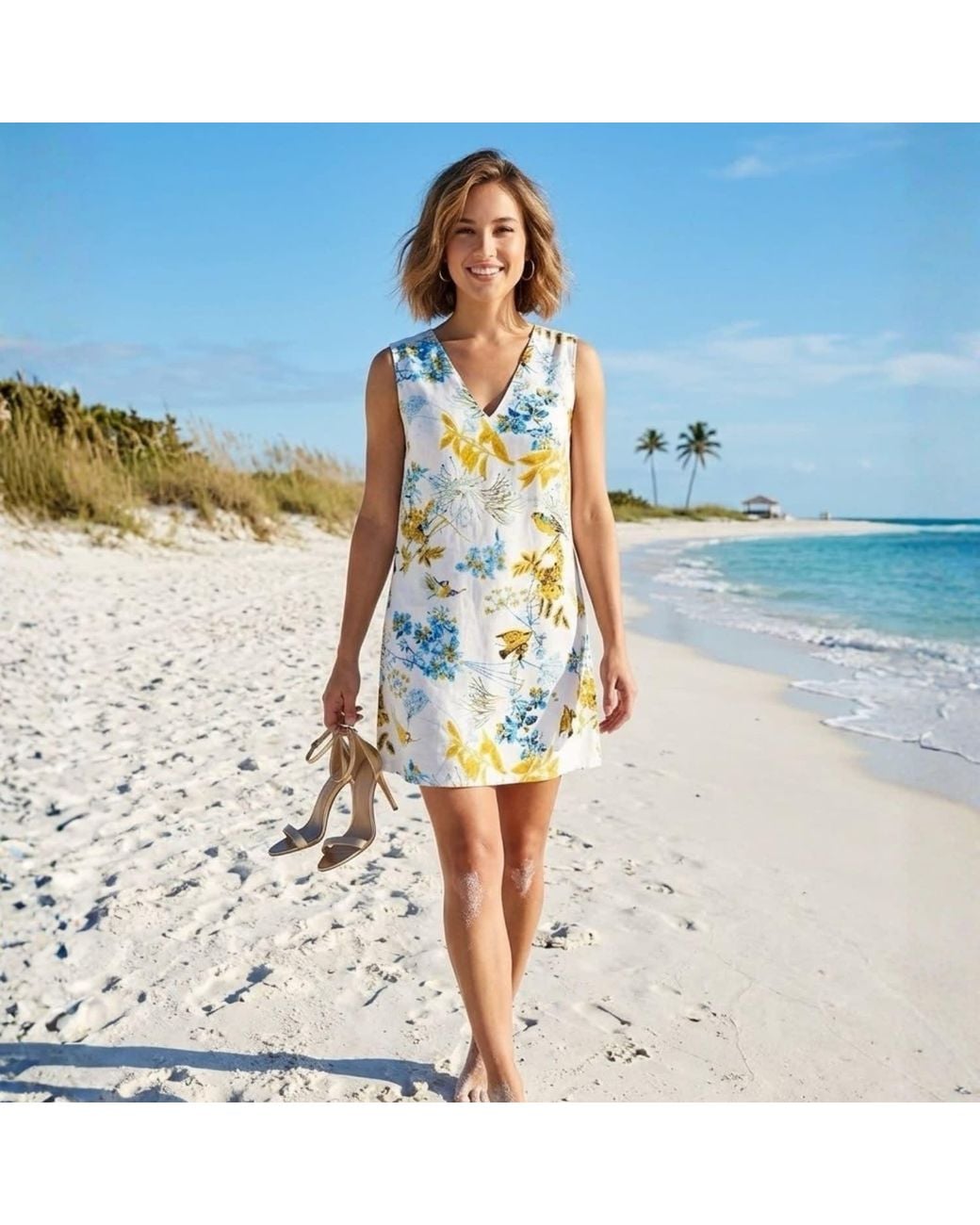 Pick Happy Blue V-Neck Petite Dress Bird Flight Cotton Mini Dress